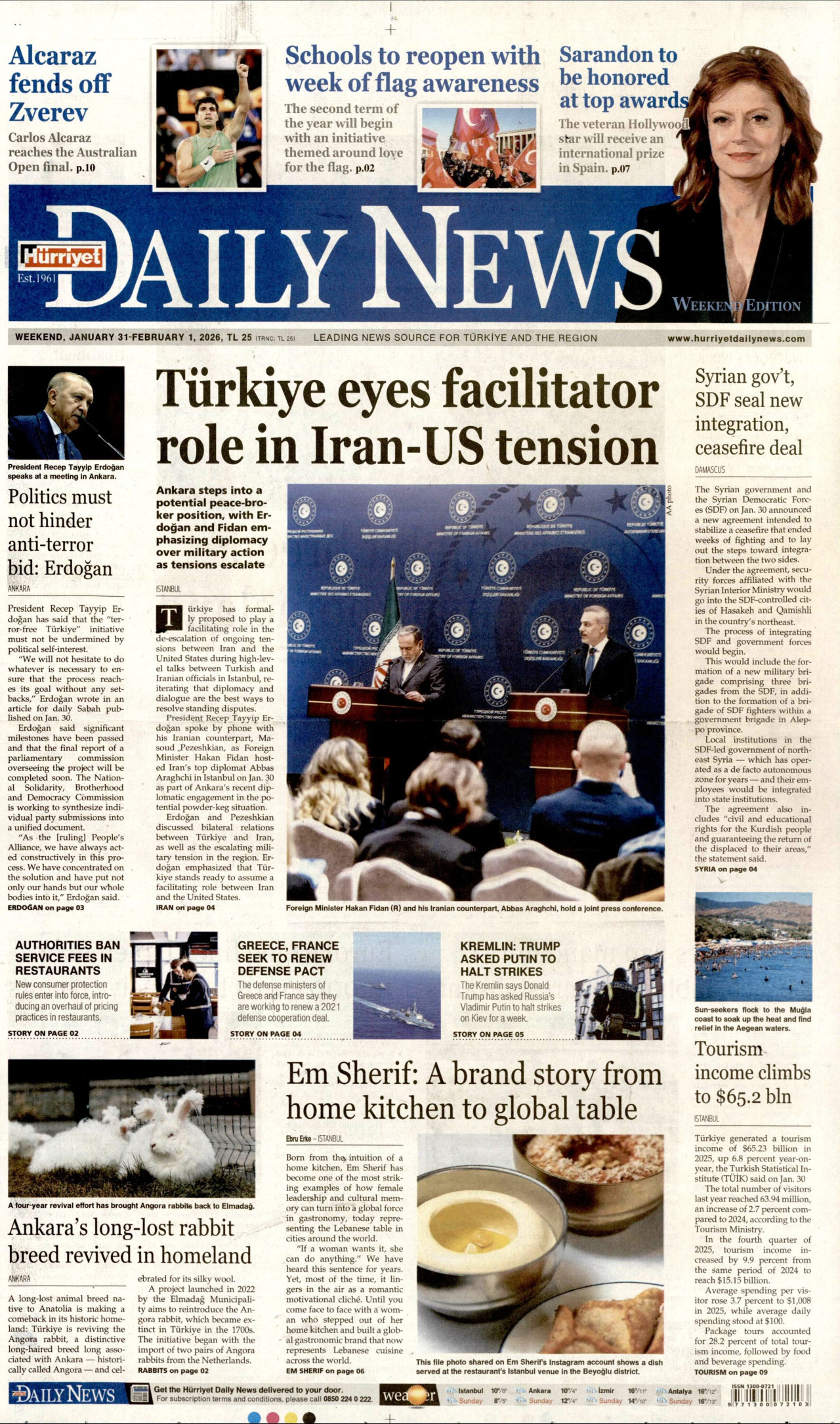 HÜRRİYET DAİLY NEWS gazetesinin 31 Ocak 2026 tarihli birinci sayfası