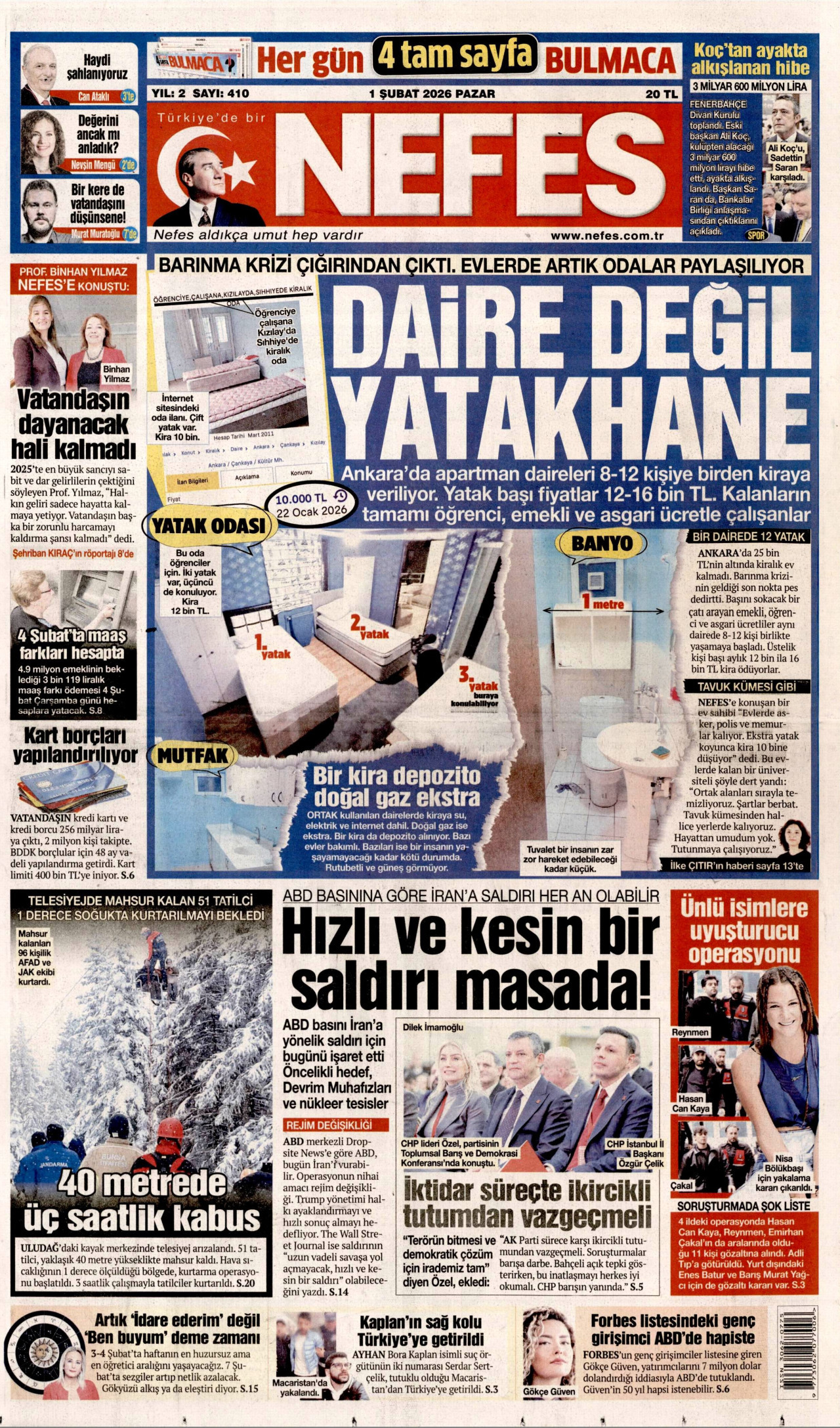 NEFES gazetesinin 1 Şubat 2026 tarihli birinci sayfası