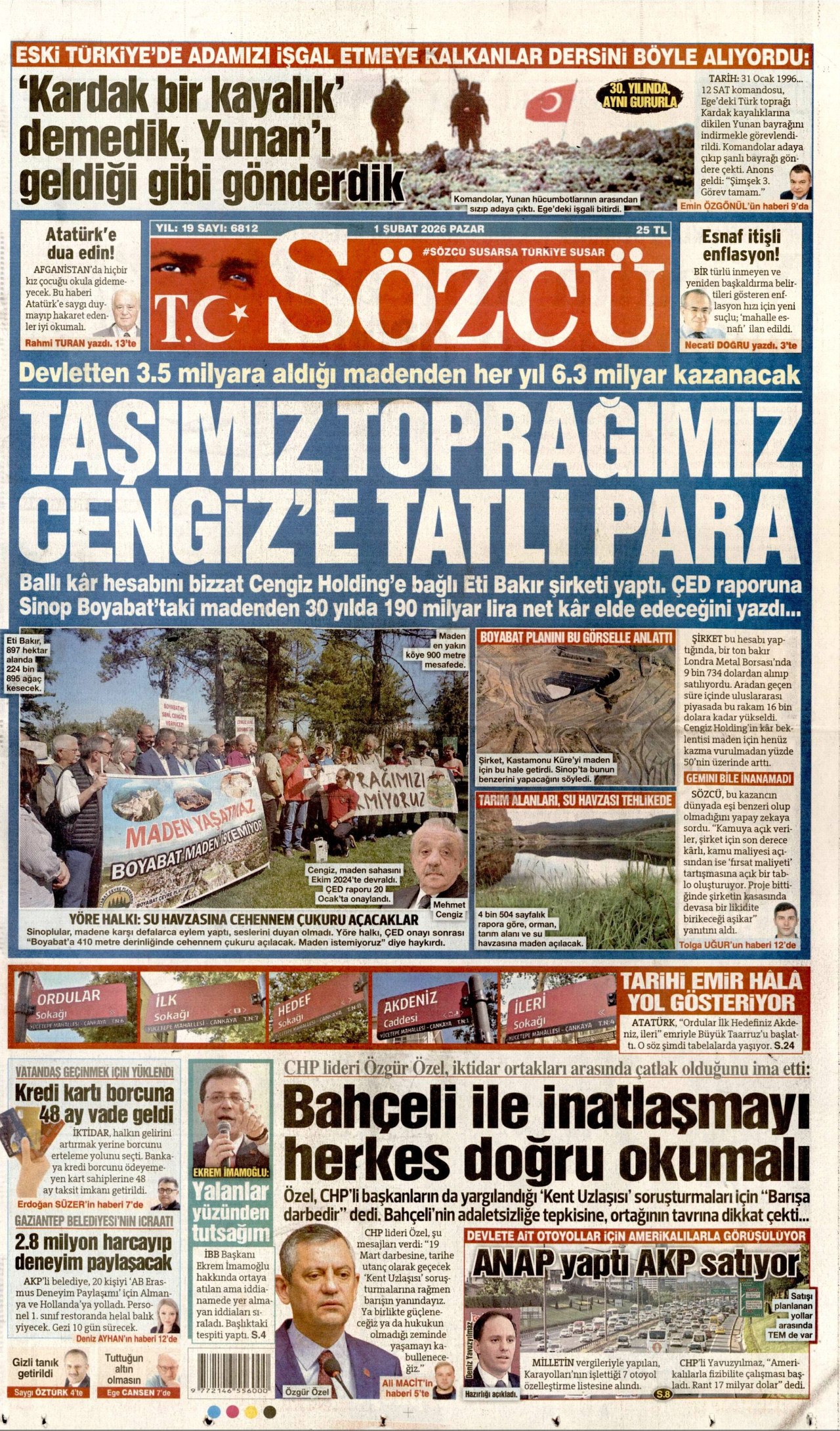 SÖZCÜ gazetesinin 1 Şubat 2026 tarihli birinci sayfası