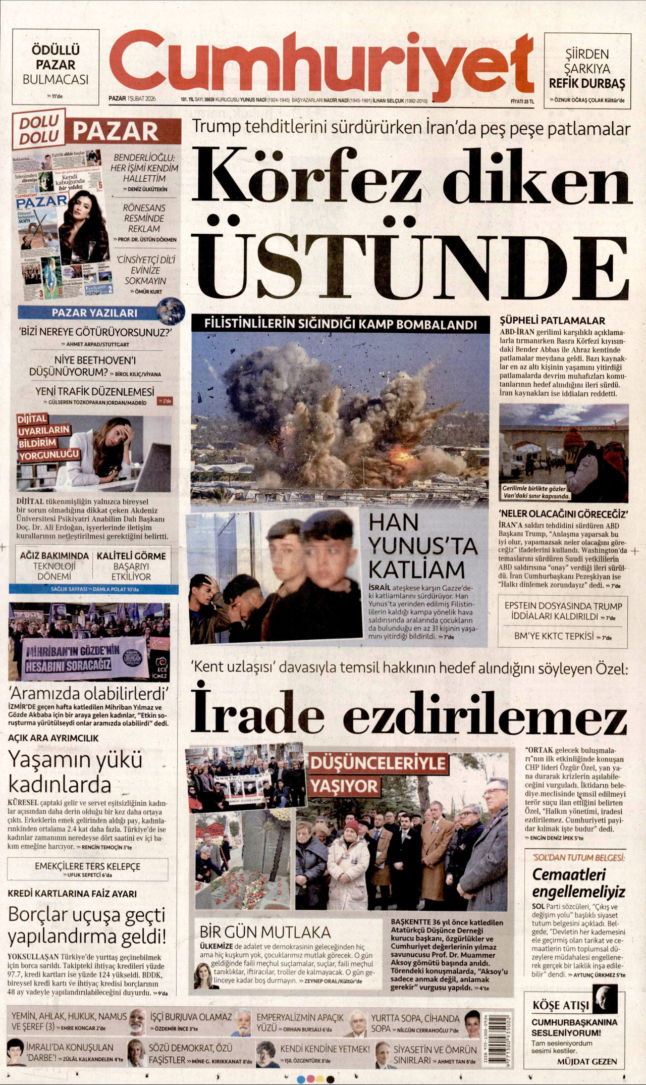 CUMHURİYET gazetesinin 1 Şubat 2026 tarihli birinci sayfası