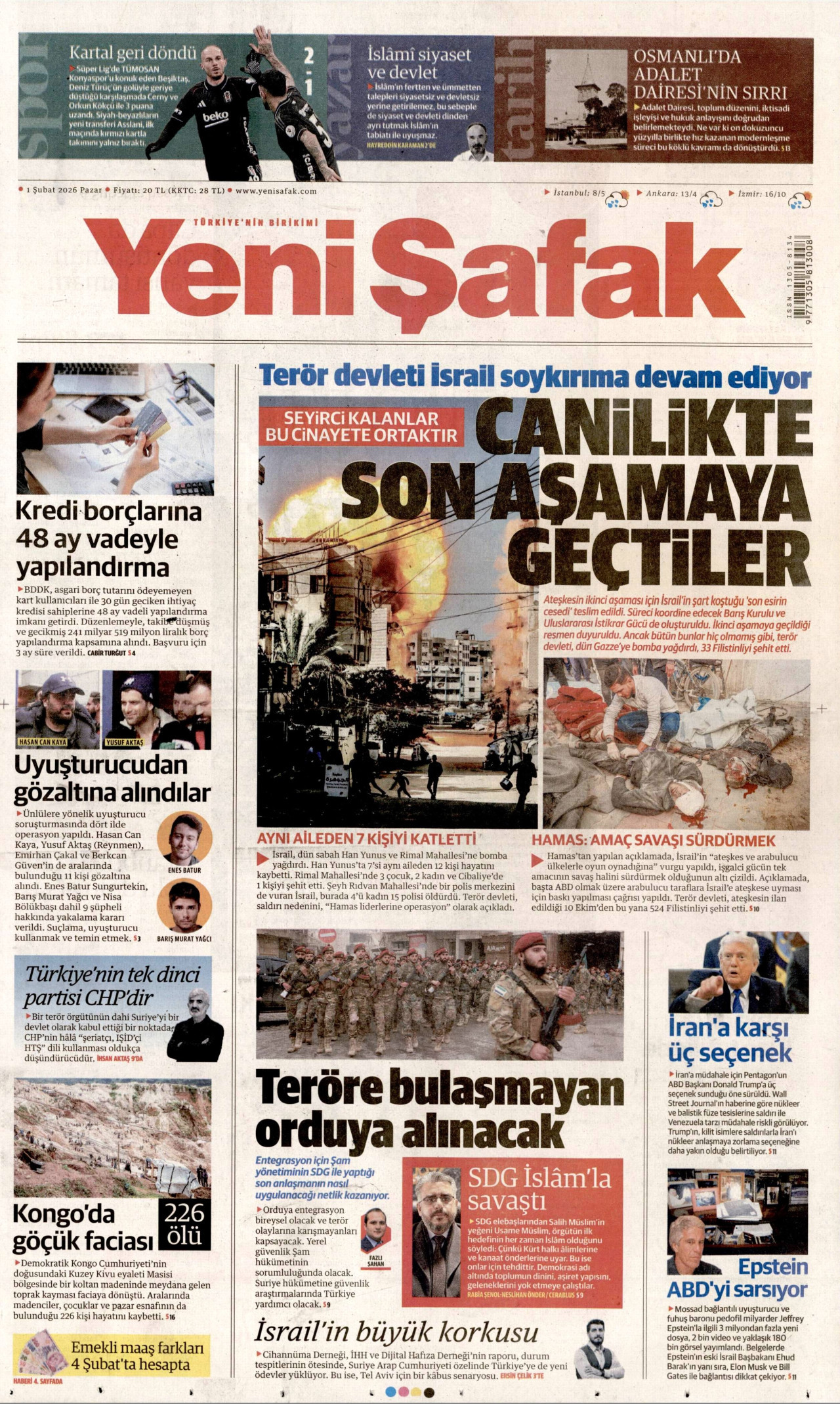 YENİ ŞAFAK gazetesinin 1 Şubat 2026 tarihli birinci sayfası