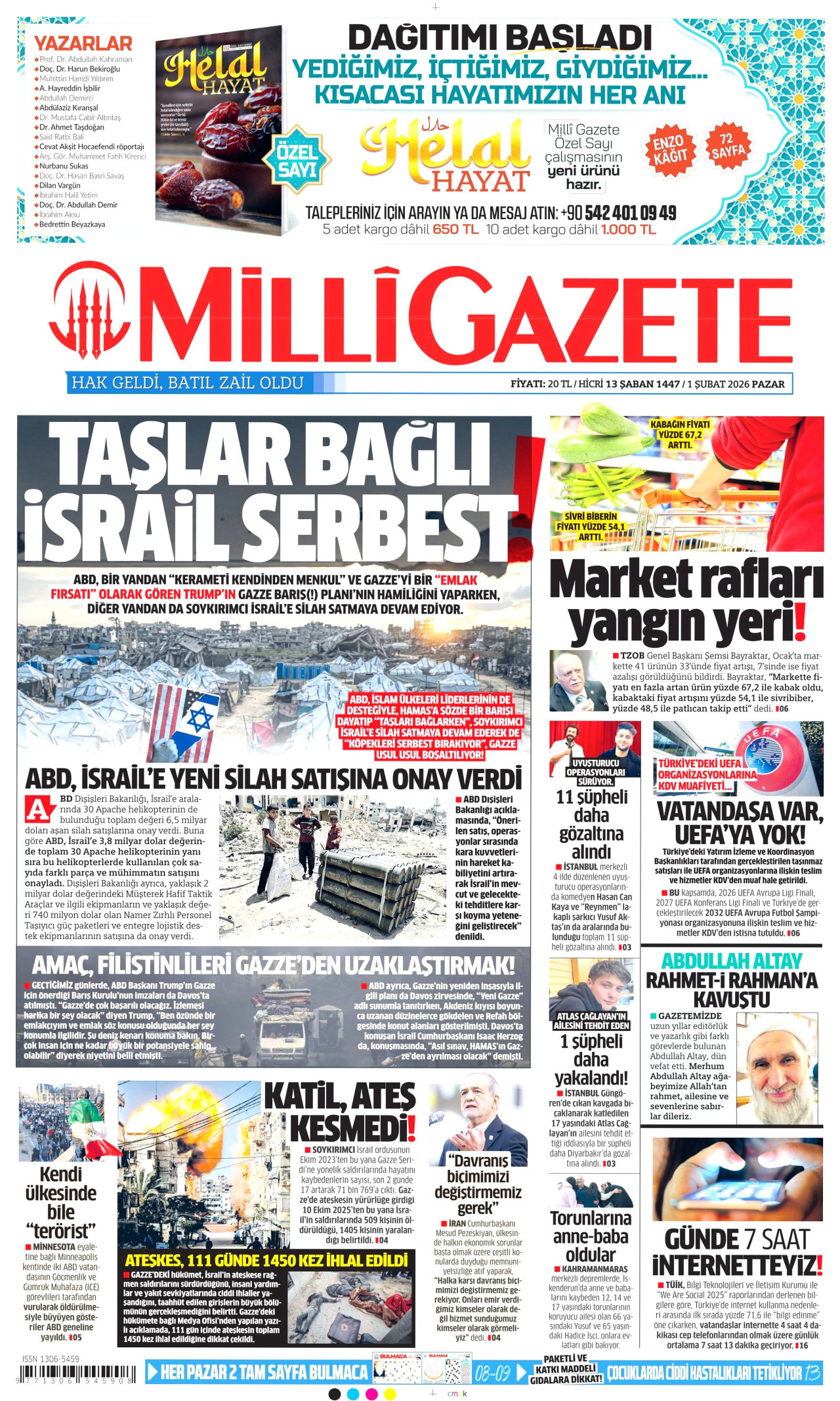 MİLLİ GAZETE gazetesinin 1 Şubat 2026 tarihli birinci sayfası