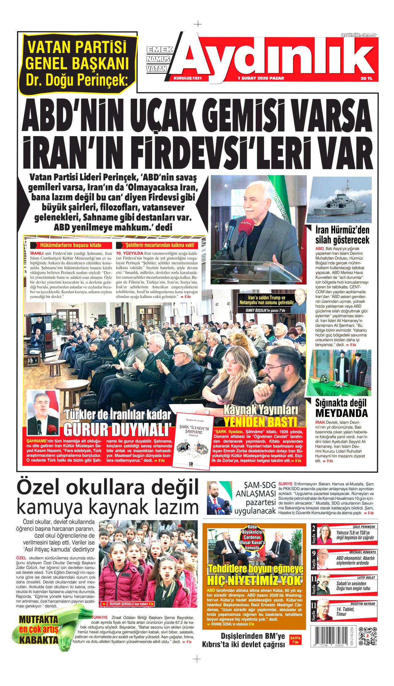 AYDINLIK GAZETESİ gazetesinin 1 Şubat 2026 tarihli birinci sayfası