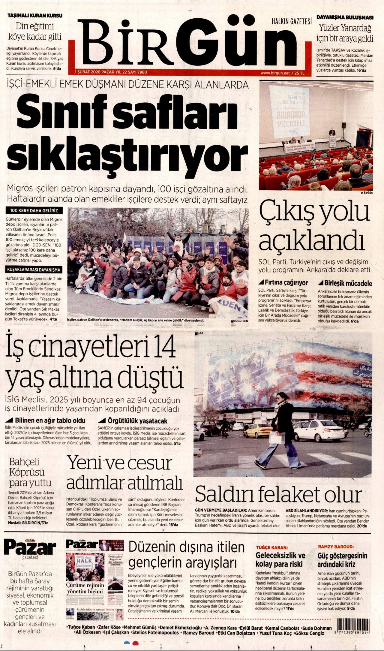 BİRGÜN gazetesinin 1 Şubat 2026 tarihli birinci sayfası