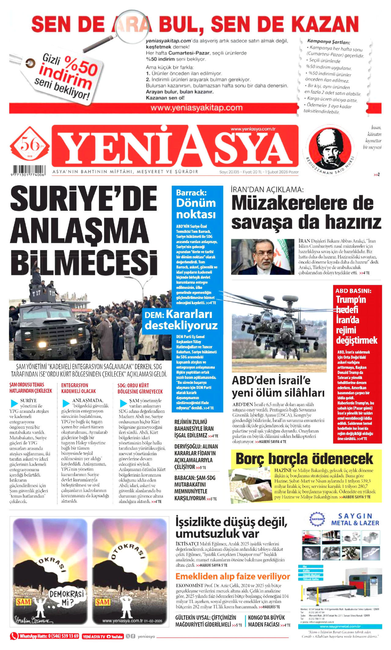 YENİ ASYA gazetesinin 1 Şubat 2026 tarihli birinci sayfası