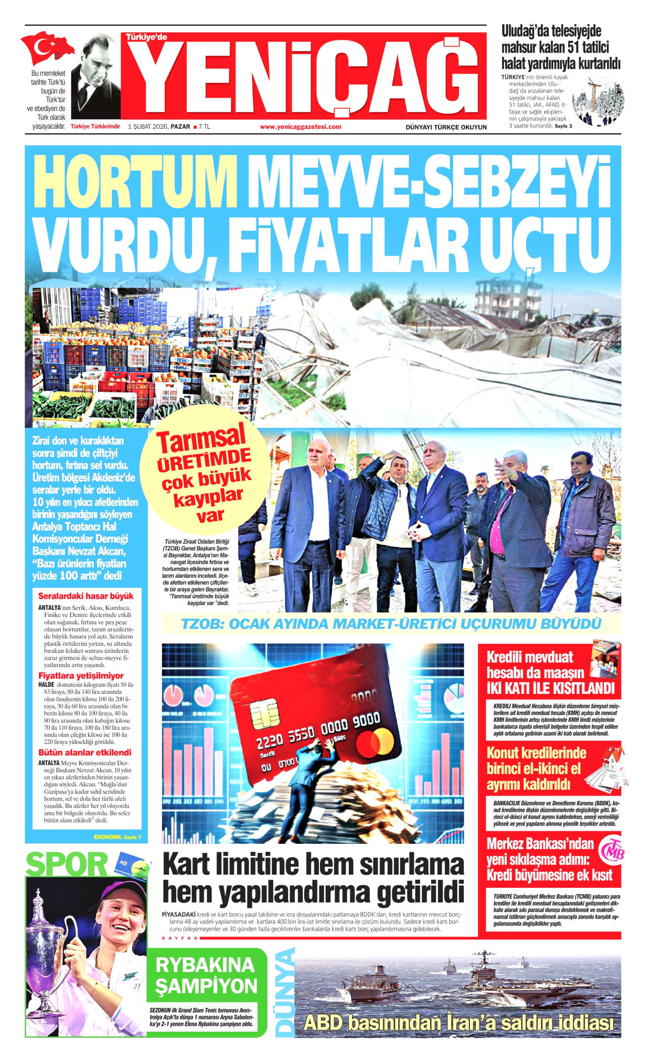 YENİÇAĞ gazetesinin 1 Şubat 2026 tarihli birinci sayfası