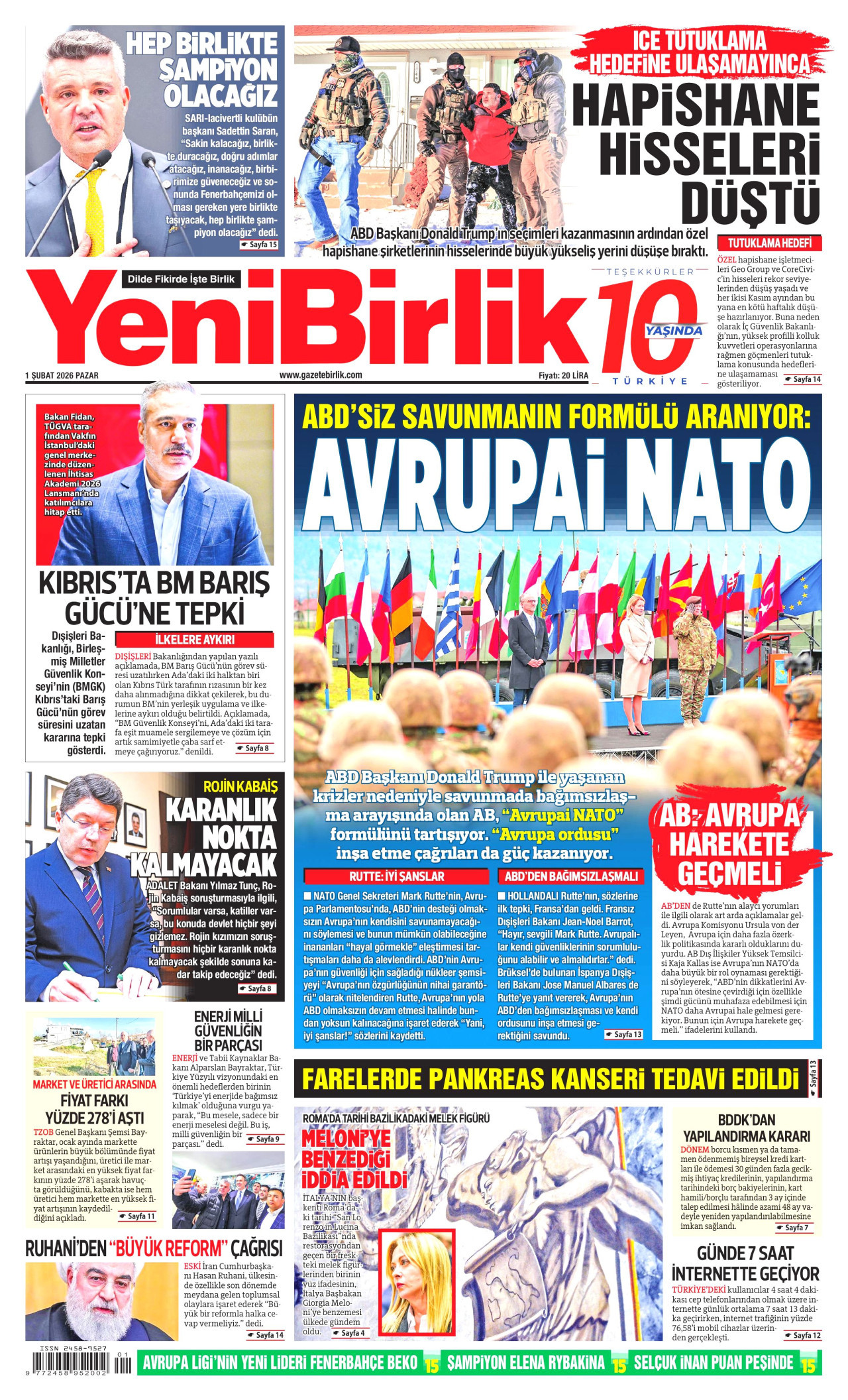YENİBİRLİK gazetesinin 1 Şubat 2026 tarihli birinci sayfası
