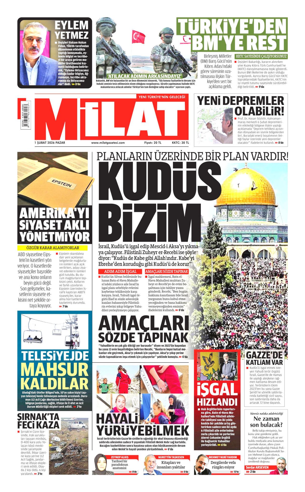 MİLAT gazetesinin 1 Şubat 2026 tarihli birinci sayfası