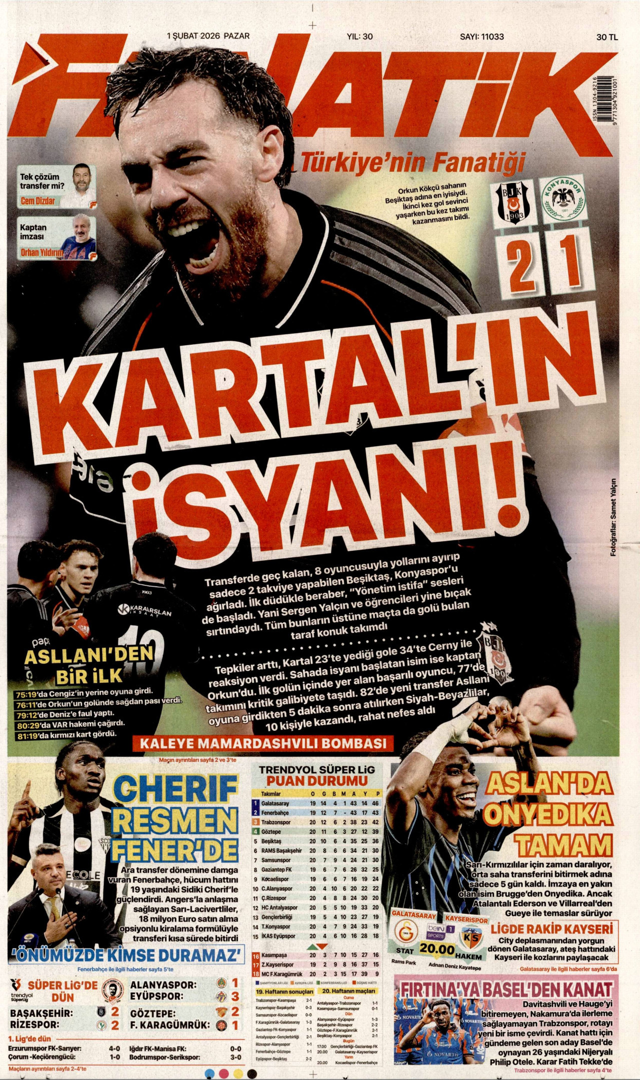 FANATİK gazetesinin 1 Şubat 2026 tarihli birinci sayfası