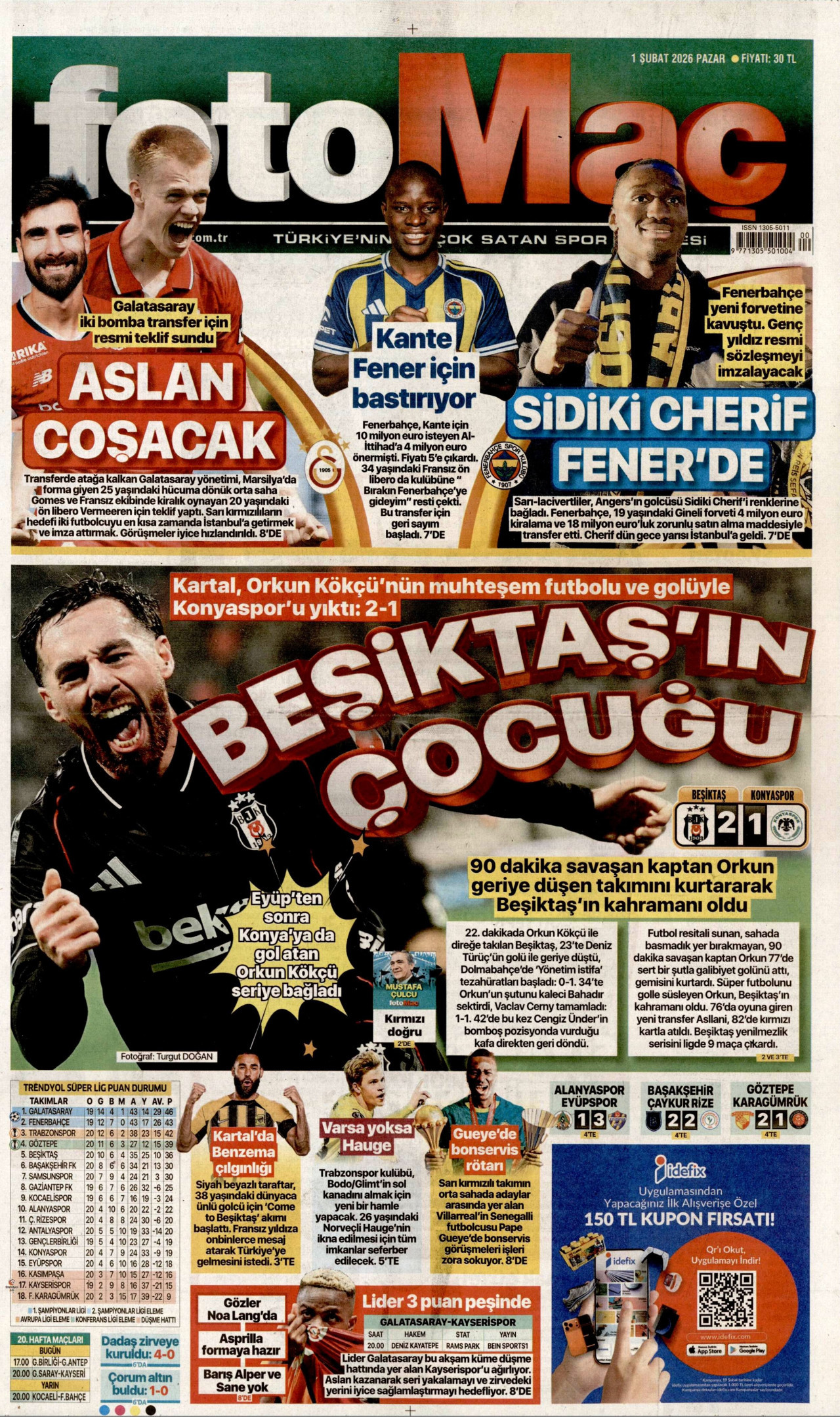 FOTOMAÇ gazetesinin 1 Şubat 2026 tarihli birinci sayfası