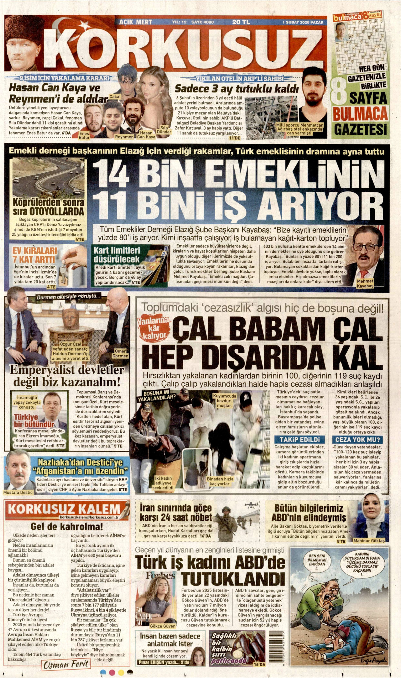 KORKUSUZ gazetesinin 1 Şubat 2026 tarihli birinci sayfası