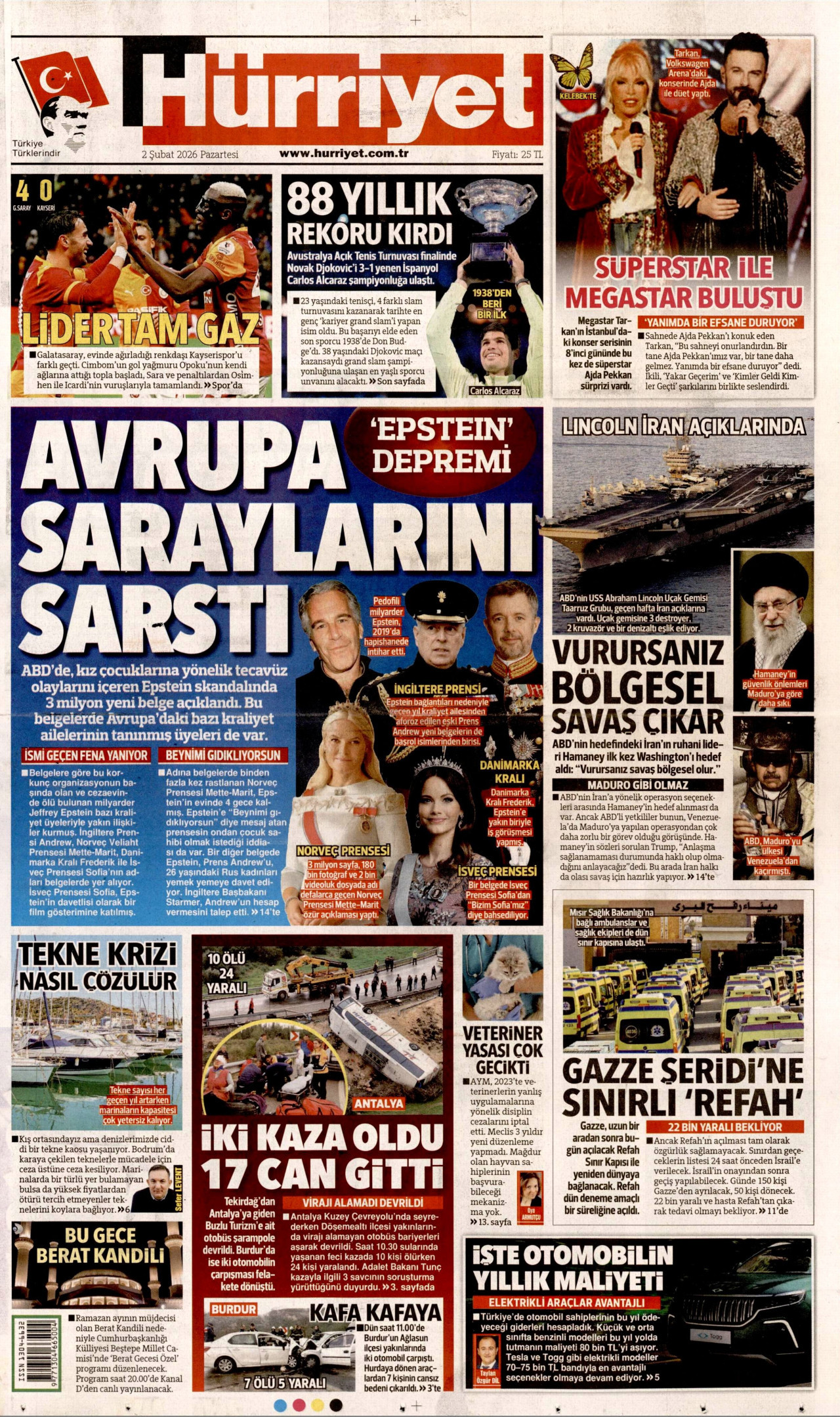 HÜRRİYET gazetesinin 2 Şubat 2026 tarihli birinci sayfası