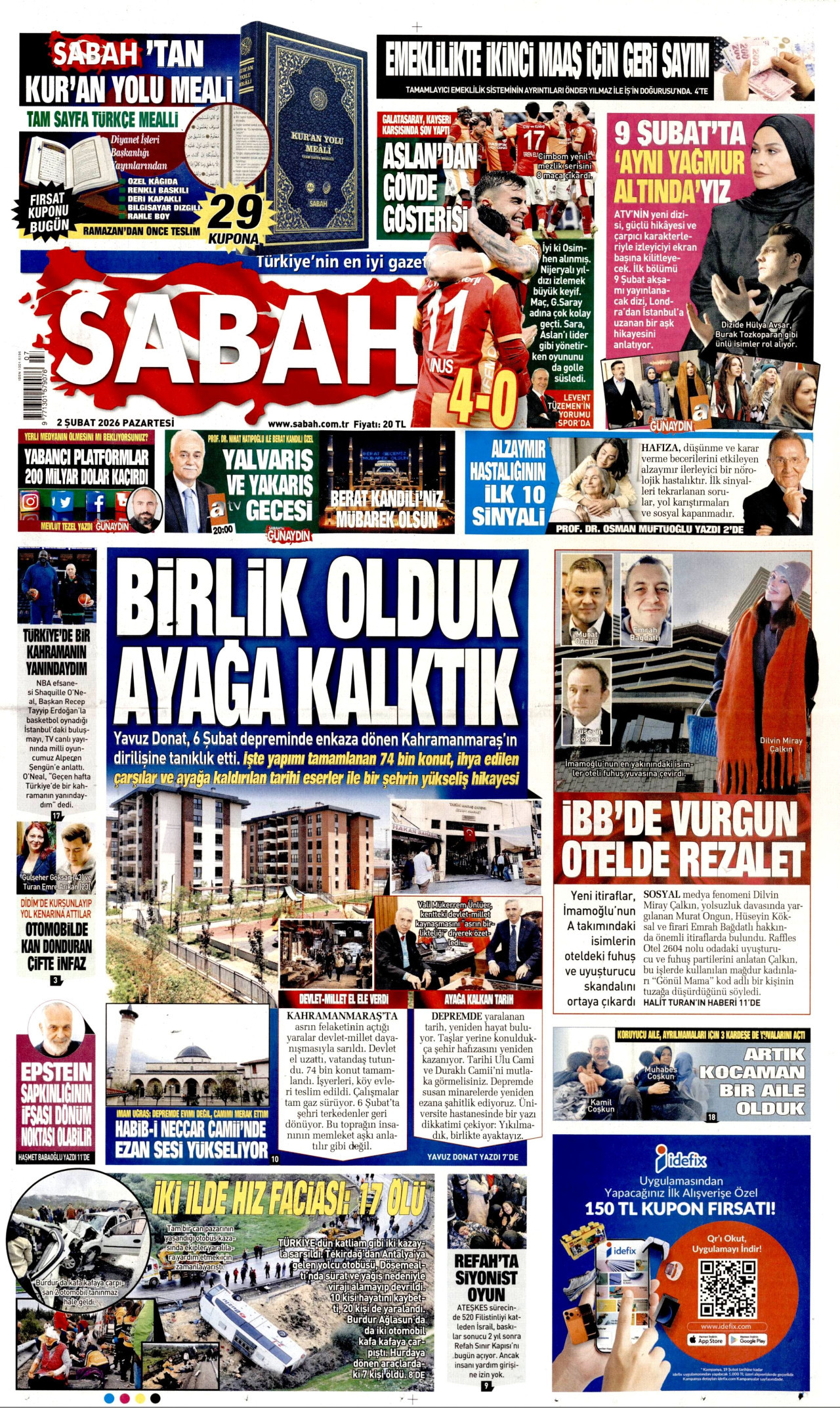 SABAH gazetesinin 2 Şubat 2026 tarihli birinci sayfası