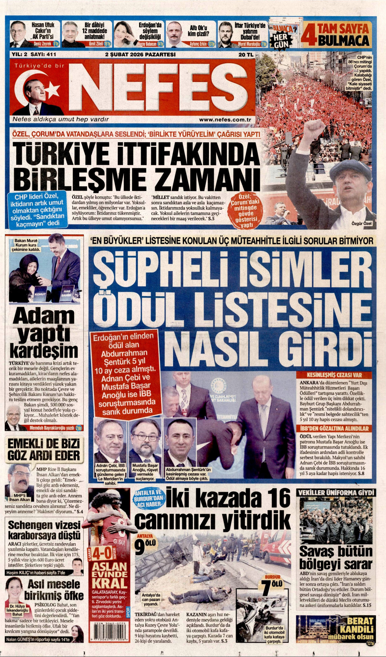 NEFES gazetesinin 2 Şubat 2026 tarihli birinci sayfası