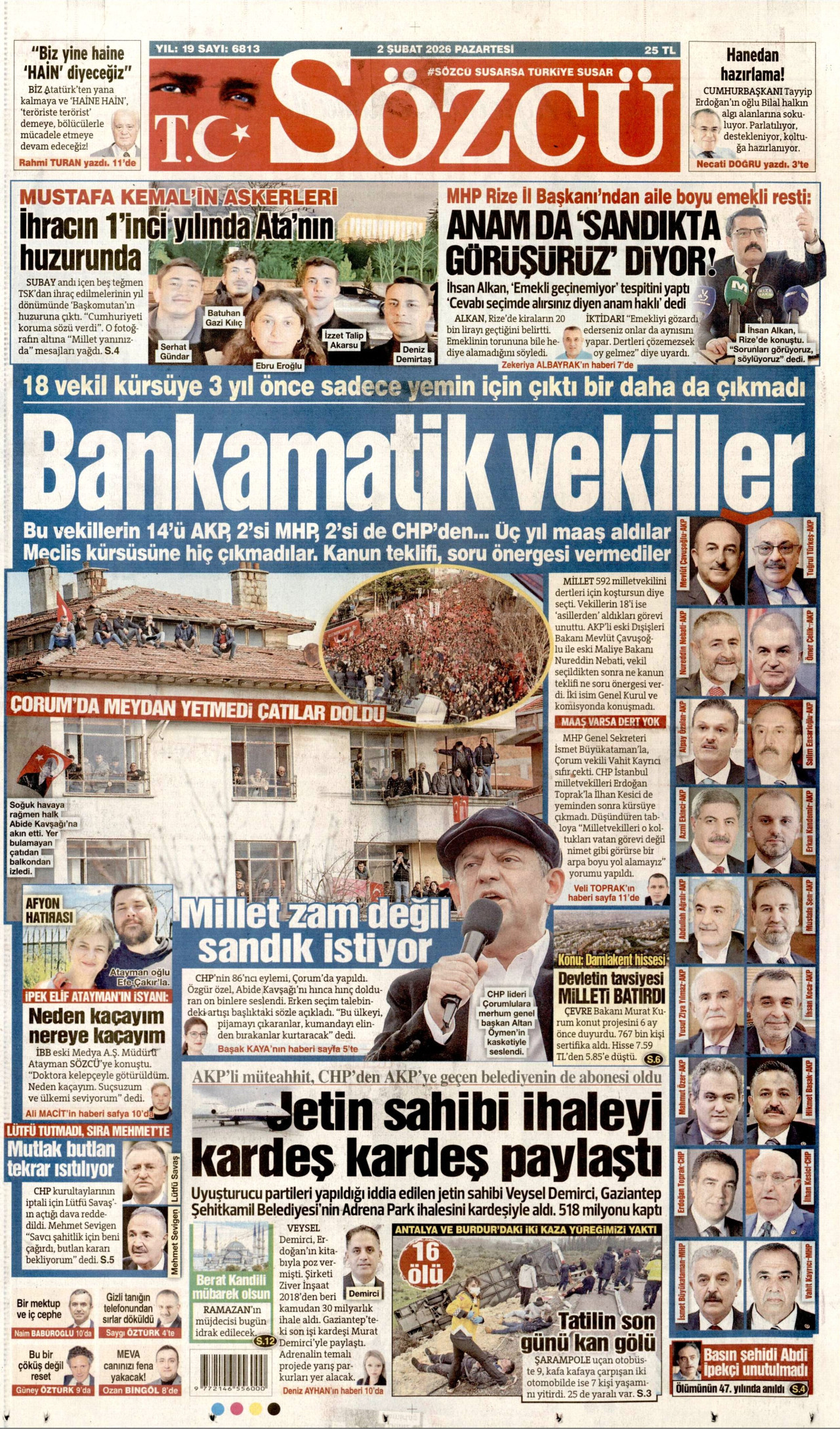 SÖZCÜ gazetesinin 2 Şubat 2026 tarihli birinci sayfası