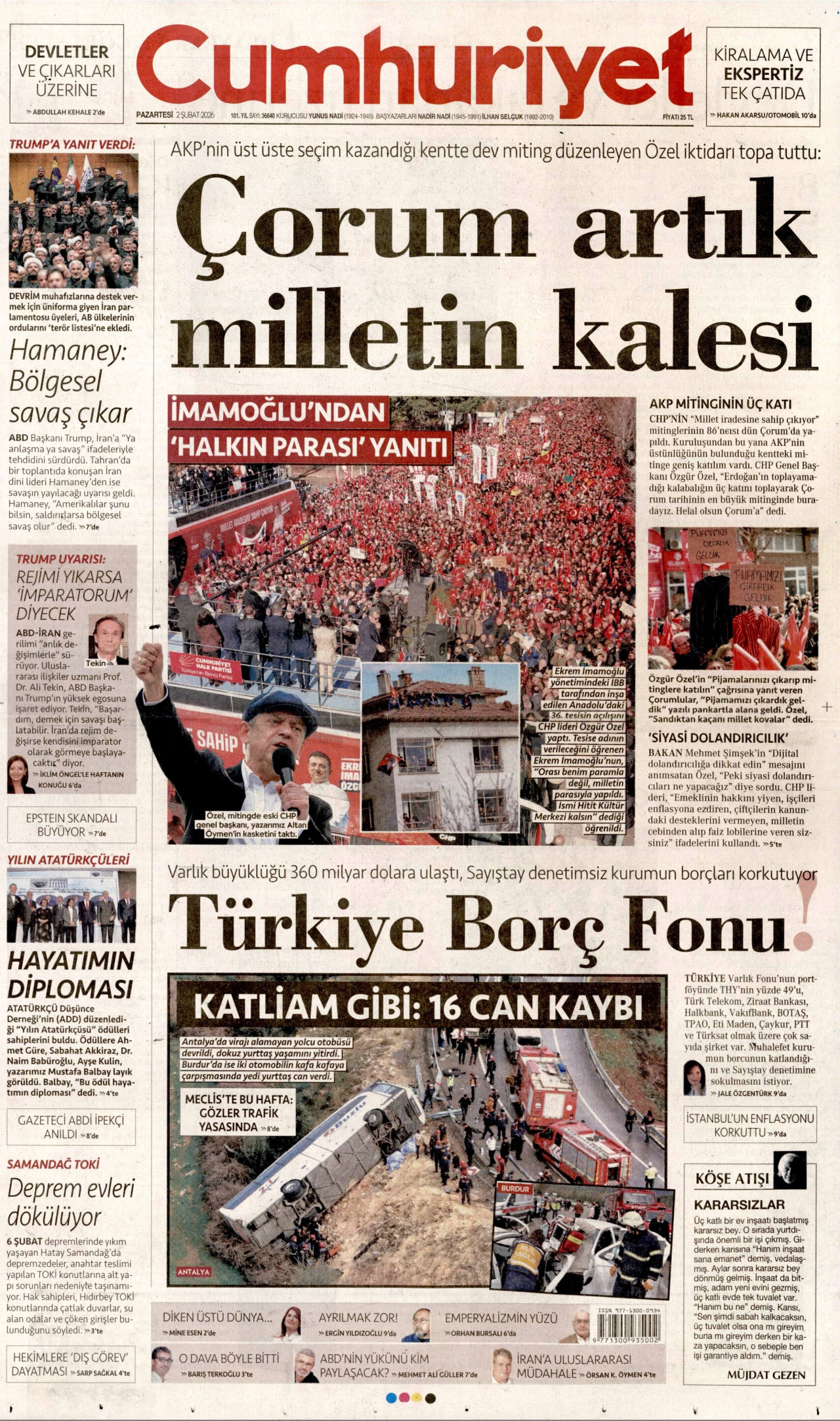 CUMHURİYET gazetesinin 2 Şubat 2026 tarihli birinci sayfası