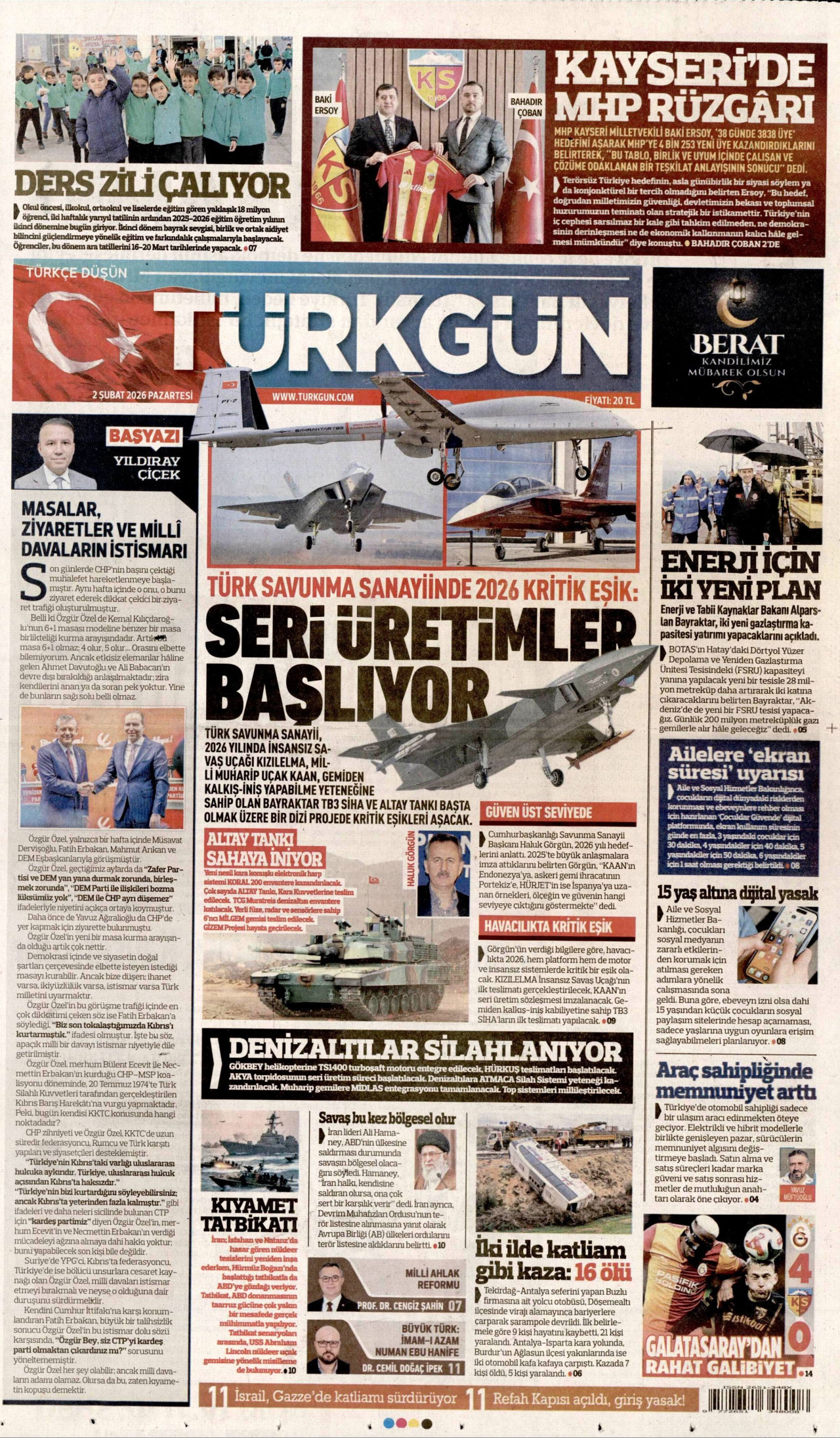 TÜRKGÜN gazetesinin 2 Şubat 2026 tarihli birinci sayfası