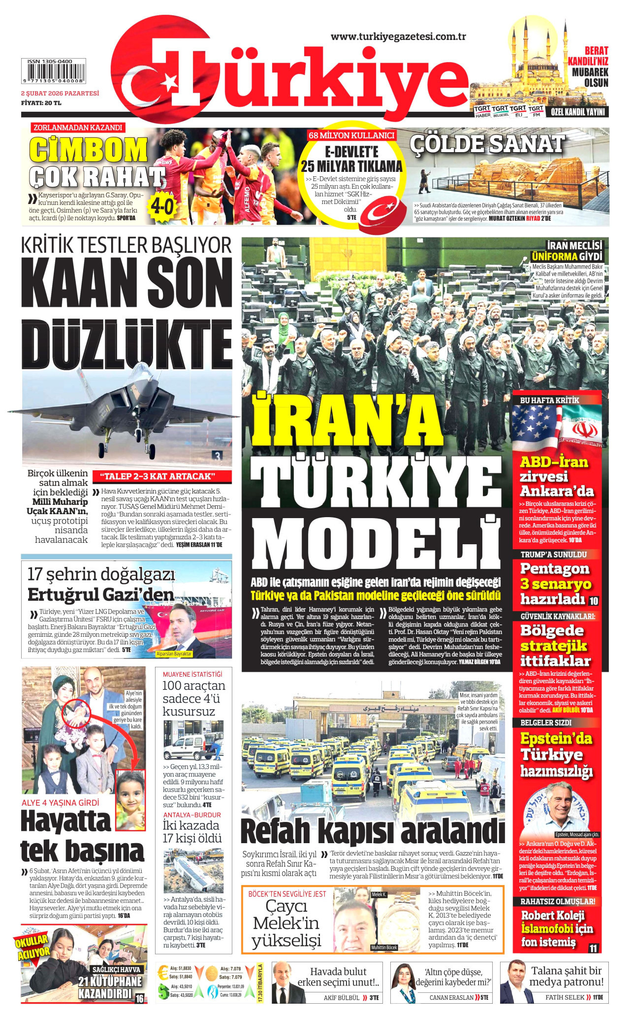 TÜRKİYE GAZETESİ gazetesinin 2 Şubat 2026 tarihli birinci sayfası