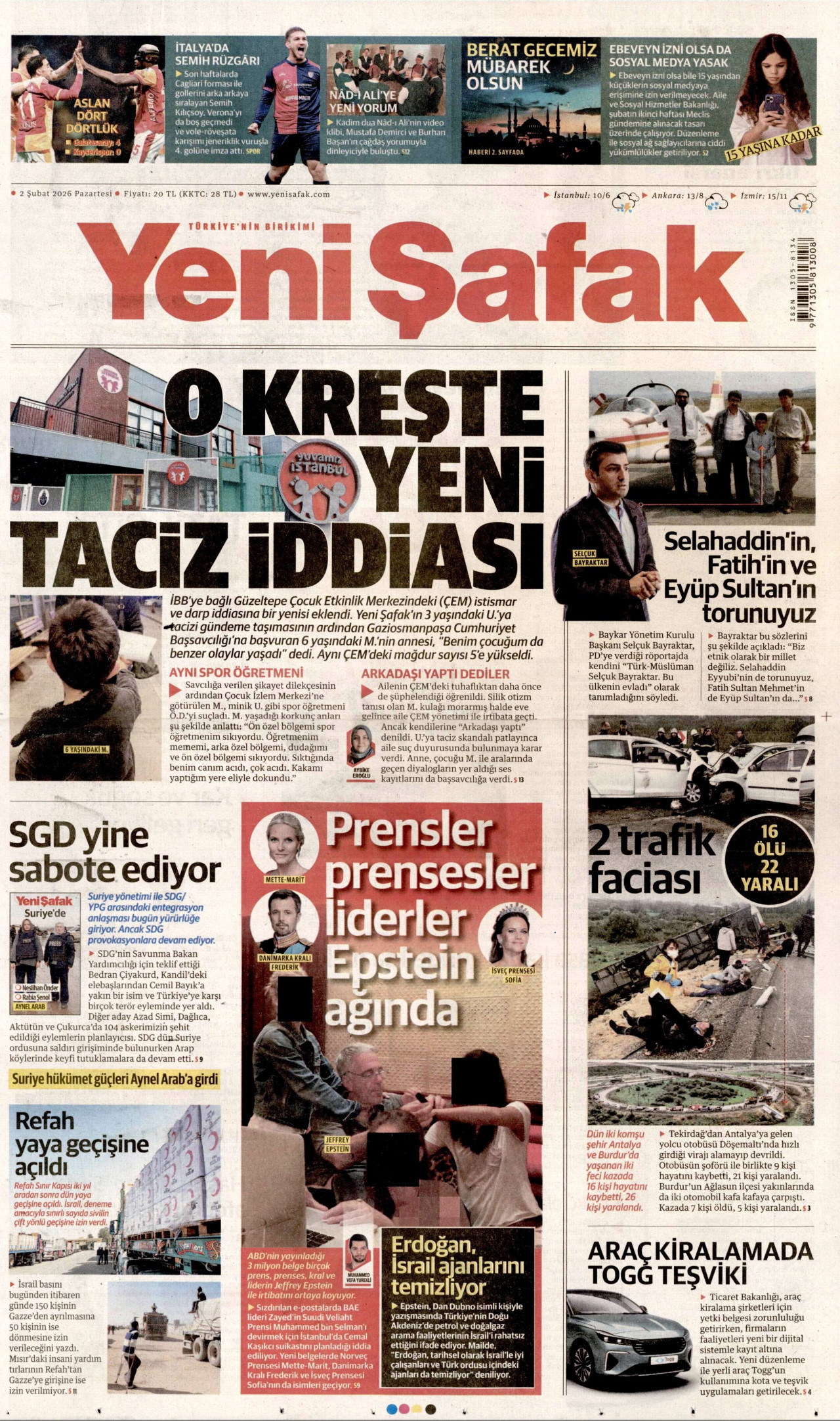 YENİ ŞAFAK gazetesinin 2 Şubat 2026 tarihli birinci sayfası