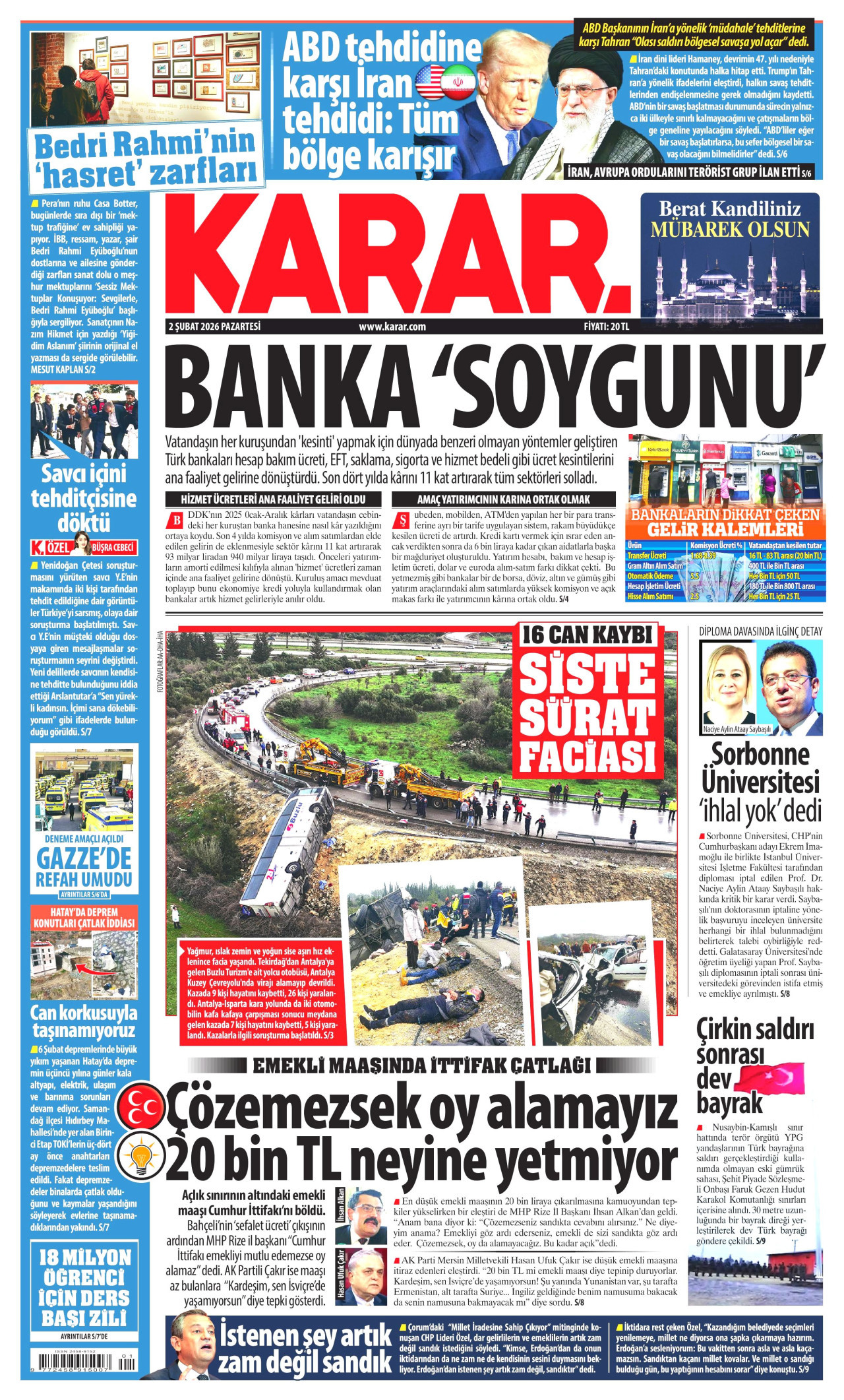 KARAR gazetesinin 2 Şubat 2026 tarihli birinci sayfası