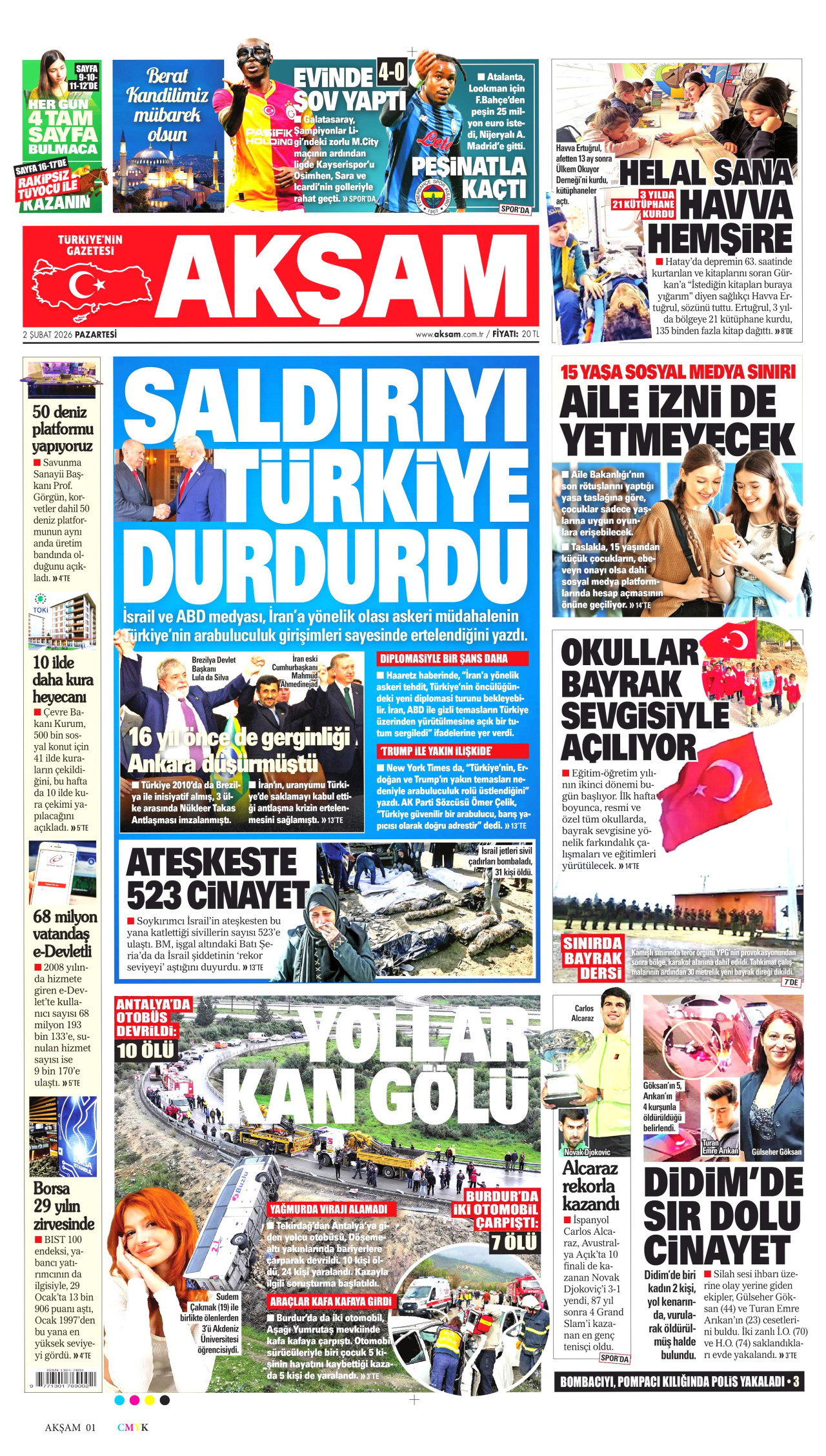 AKŞAM gazetesinin 2 Şubat 2026 tarihli birinci sayfası