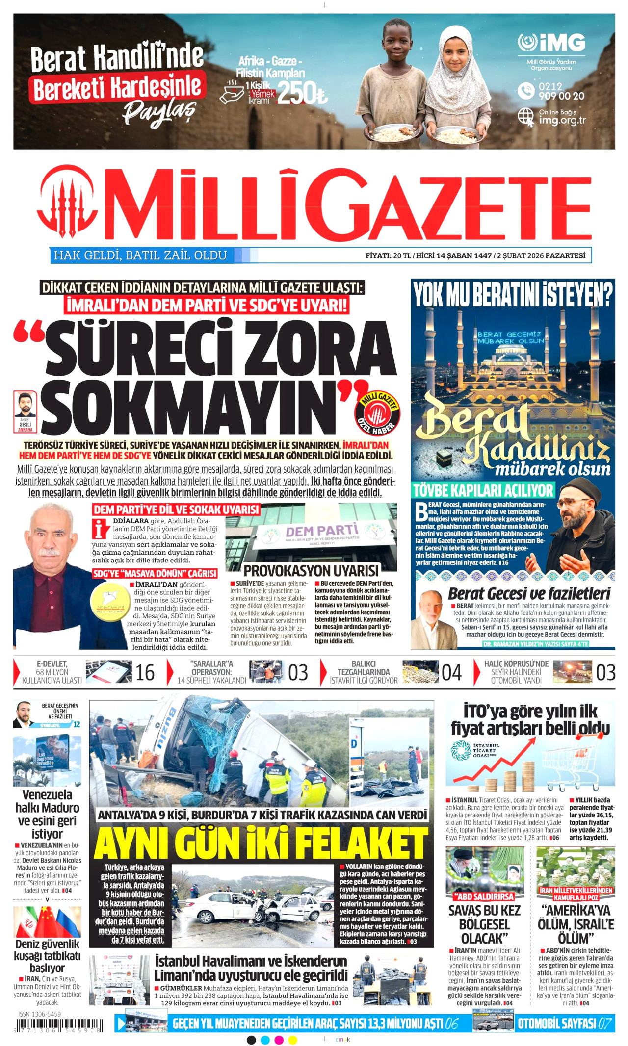 MİLLİ GAZETE gazetesinin 2 Şubat 2026 tarihli birinci sayfası