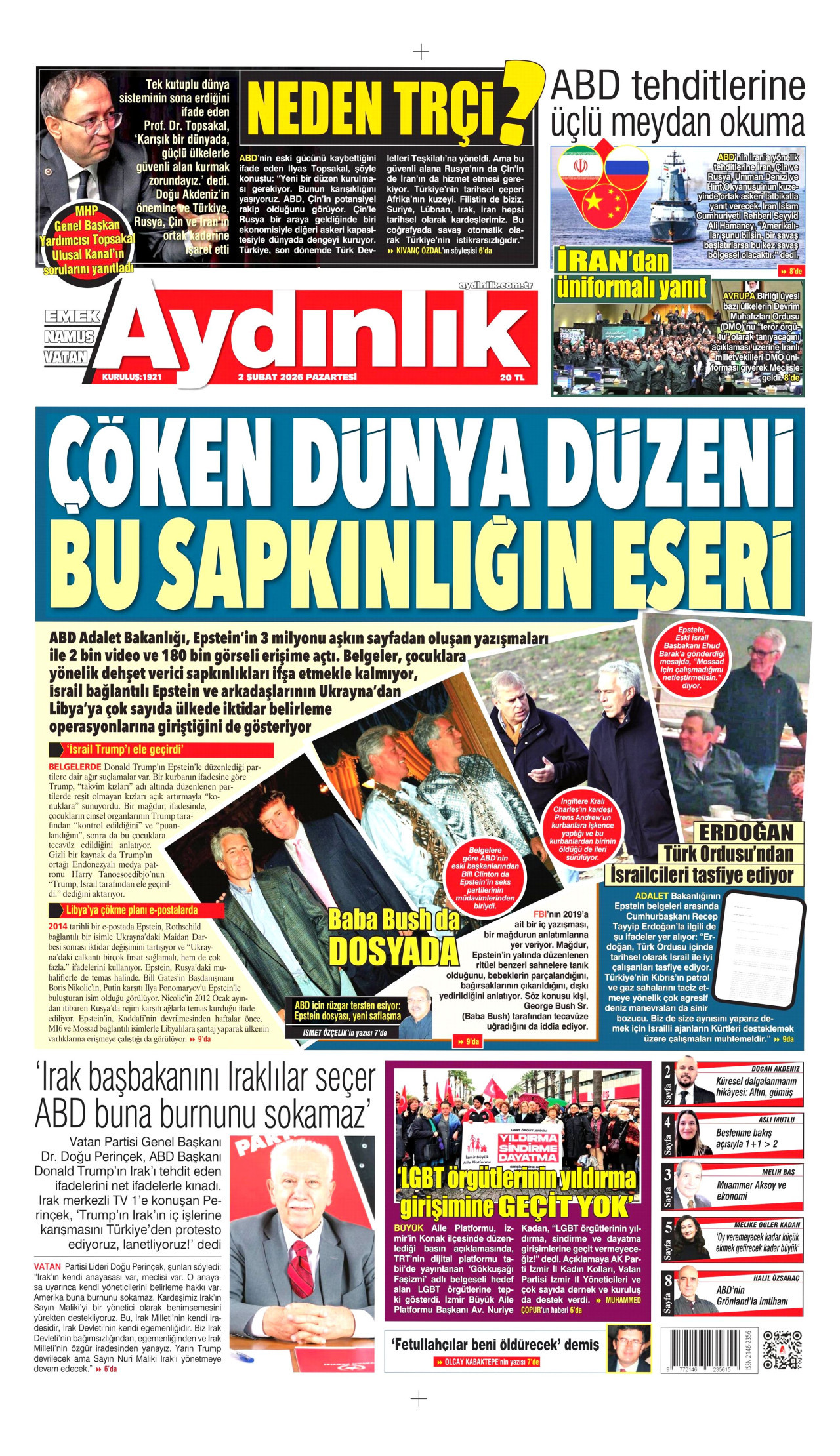 AYDINLIK GAZETESİ gazetesinin 2 Şubat 2026 tarihli birinci sayfası