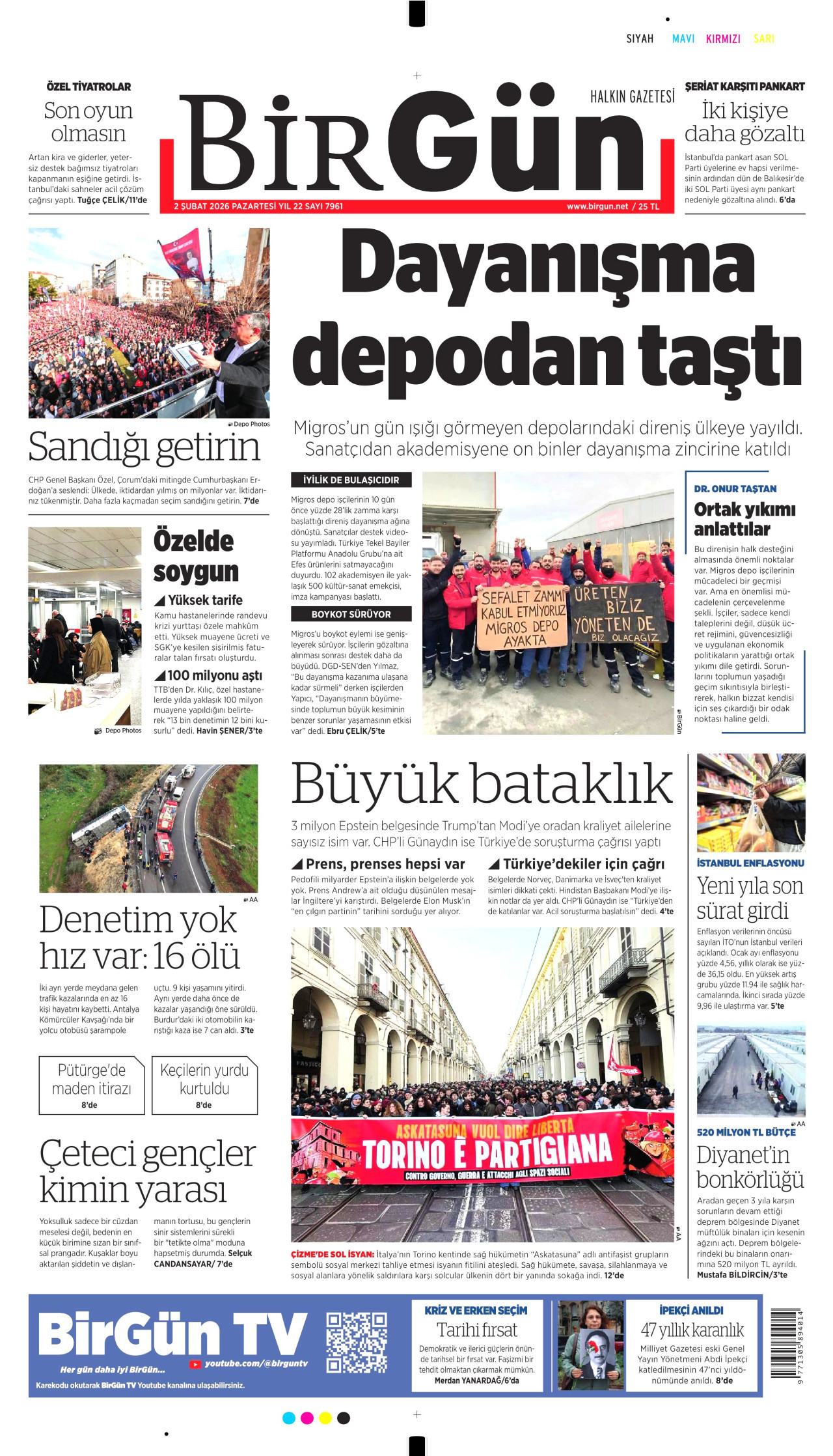 BİRGÜN gazetesinin 2 Şubat 2026 tarihli birinci sayfası