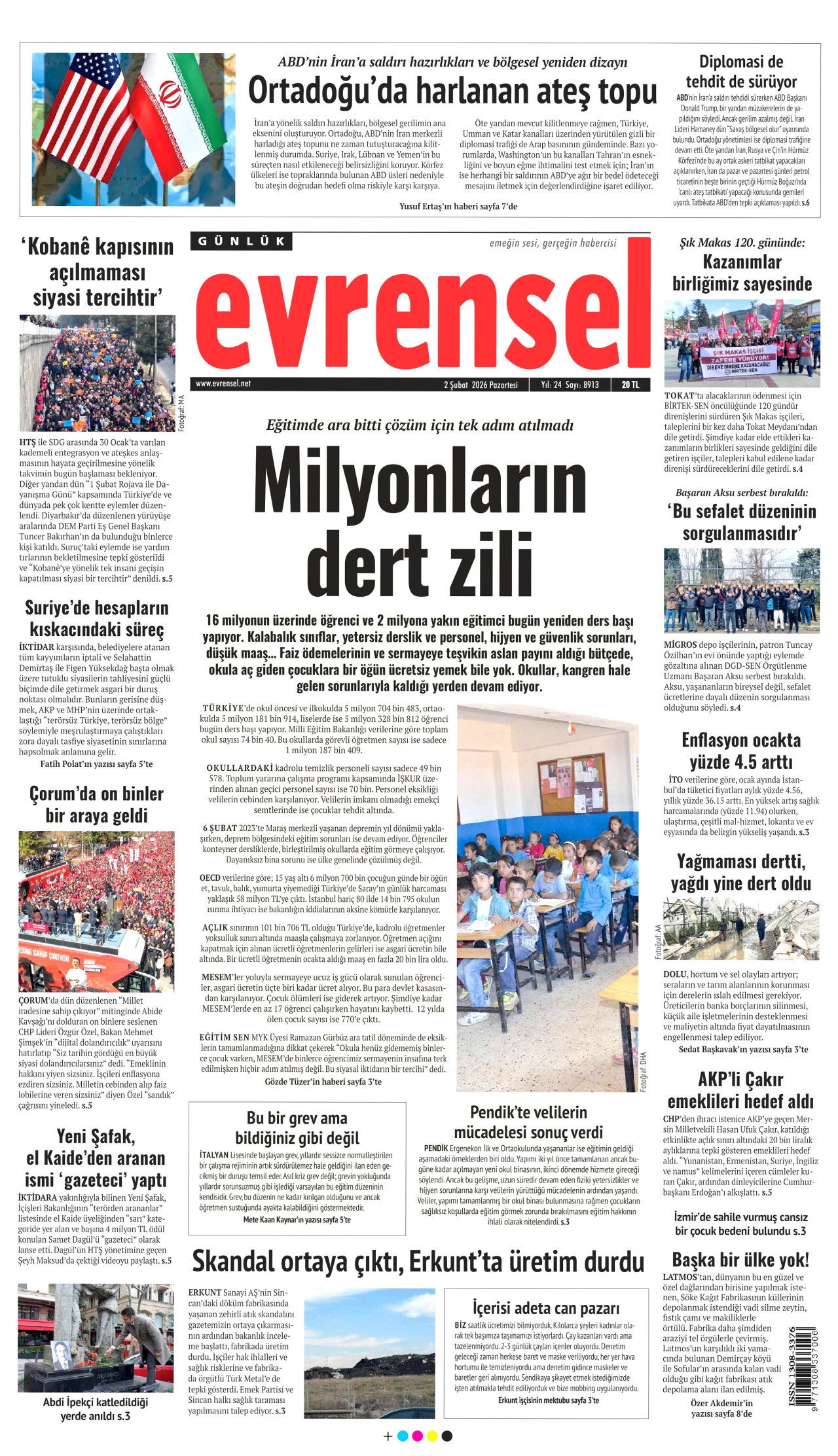 EVRENSEL gazetesinin 2 Şubat 2026 tarihli birinci sayfası