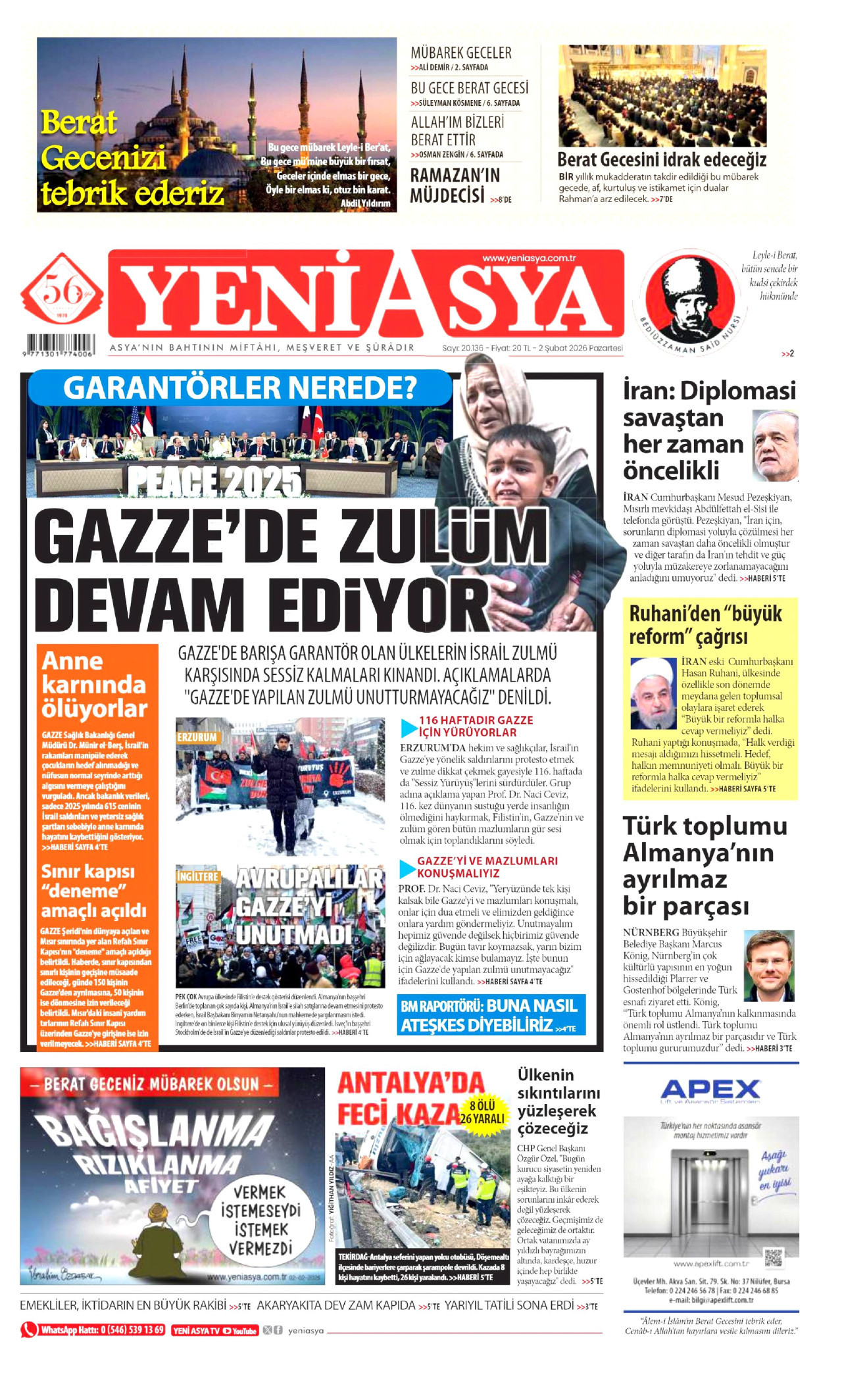 YENİ ASYA gazetesinin 2 Şubat 2026 tarihli birinci sayfası