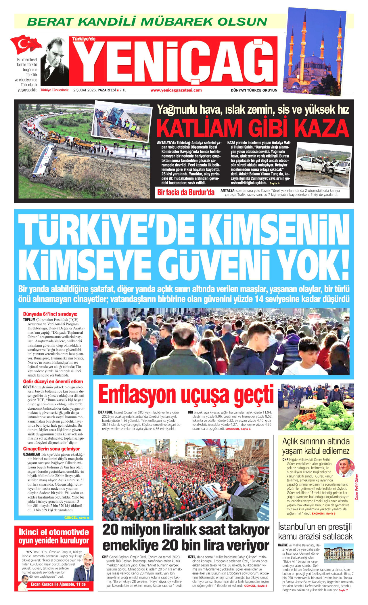 YENİÇAĞ gazetesinin 2 Şubat 2026 tarihli birinci sayfası