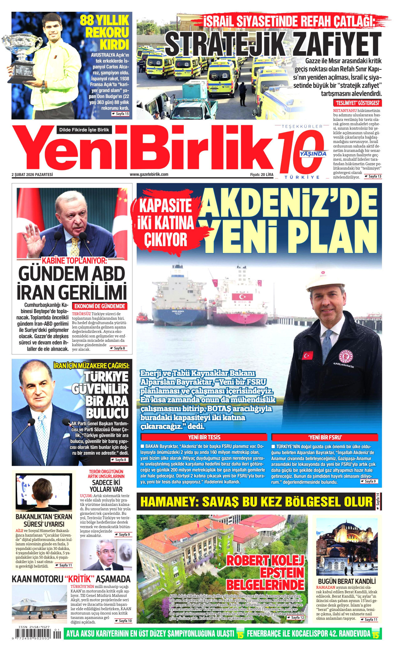 YENİBİRLİK gazetesinin 2 Şubat 2026 tarihli birinci sayfası