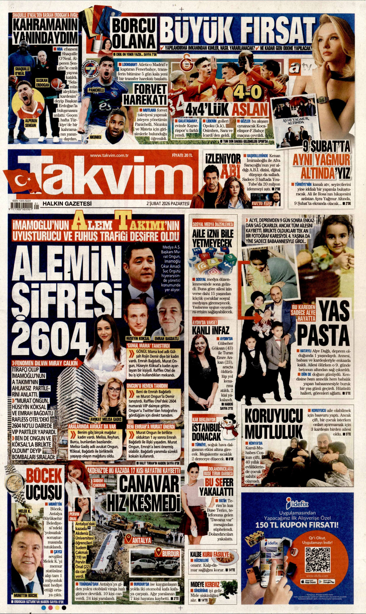 TAKVİM gazetesinin 2 Şubat 2026 tarihli birinci sayfası