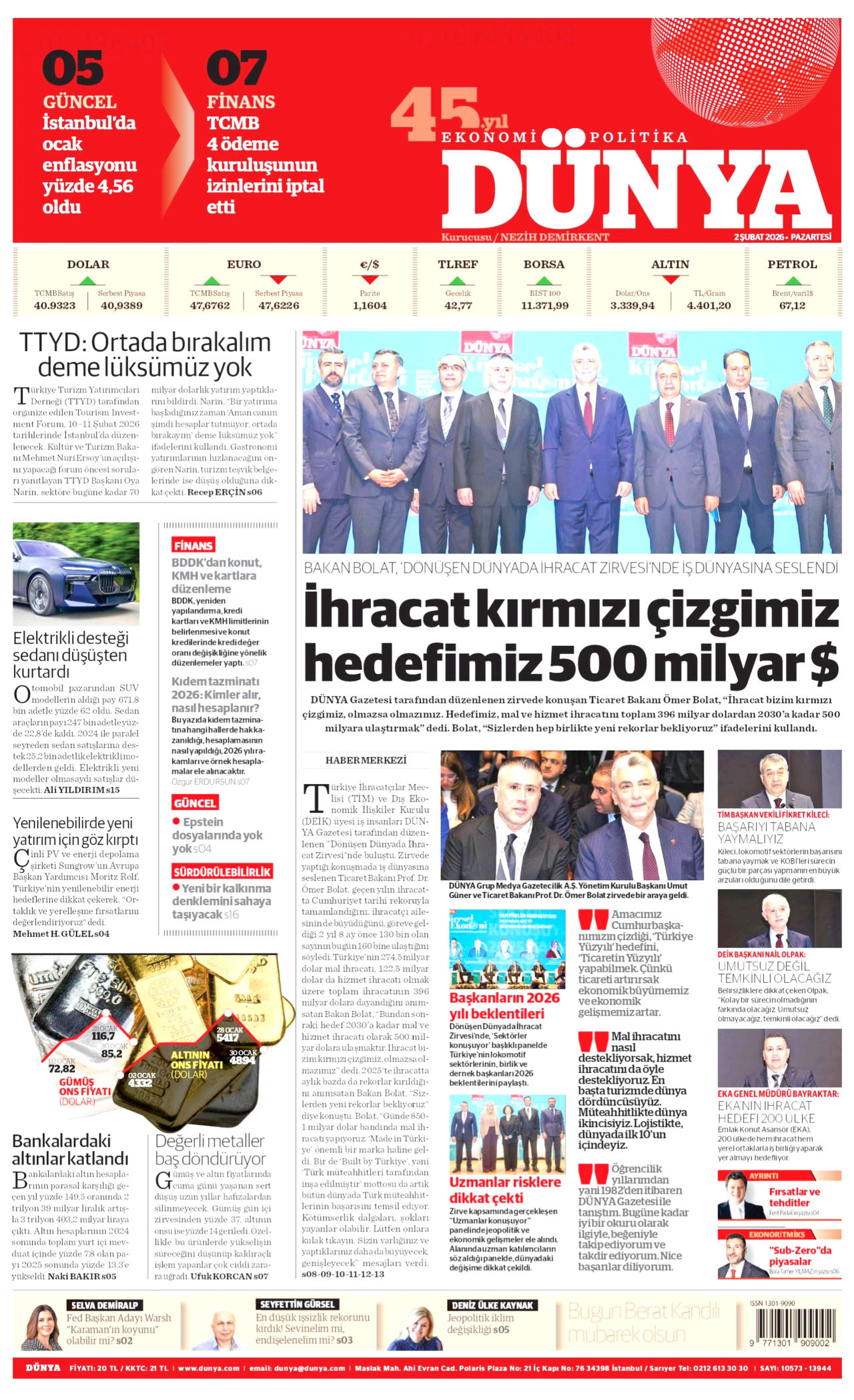 DÜNYA gazetesinin 2 Şubat 2026 tarihli birinci sayfası