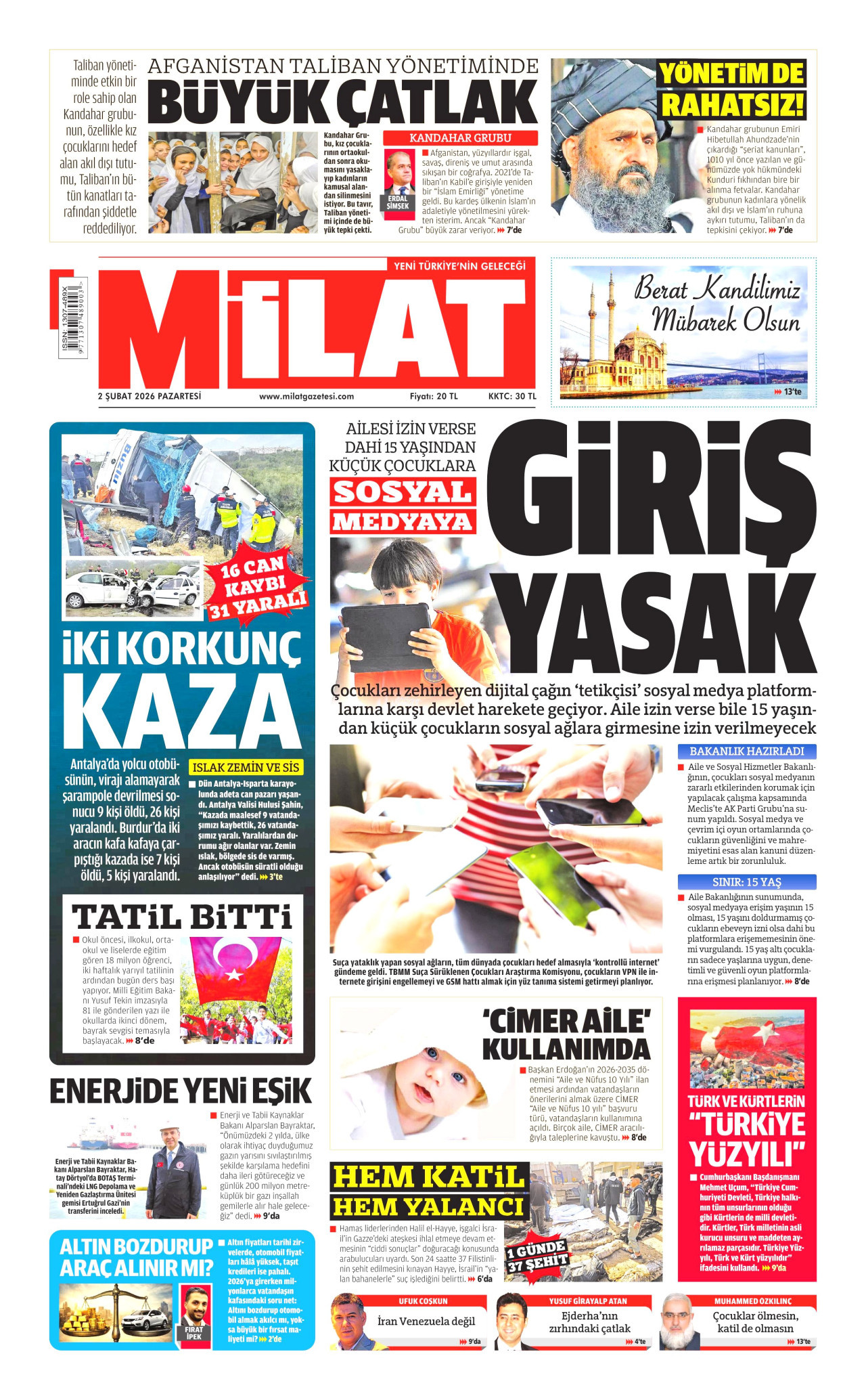 MİLAT gazetesinin 2 Şubat 2026 tarihli birinci sayfası