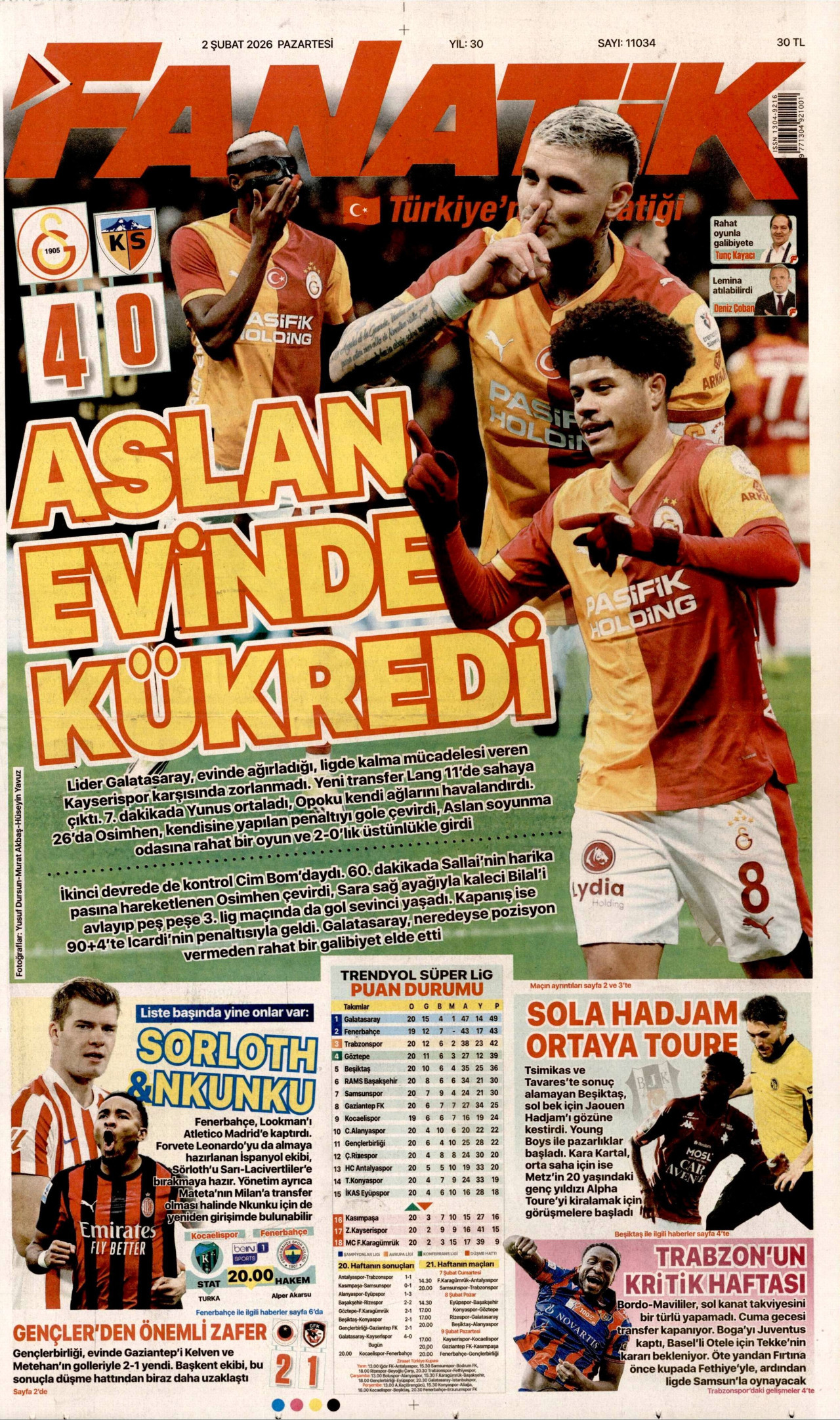 FANATİK gazetesinin 2 Şubat 2026 tarihli birinci sayfası