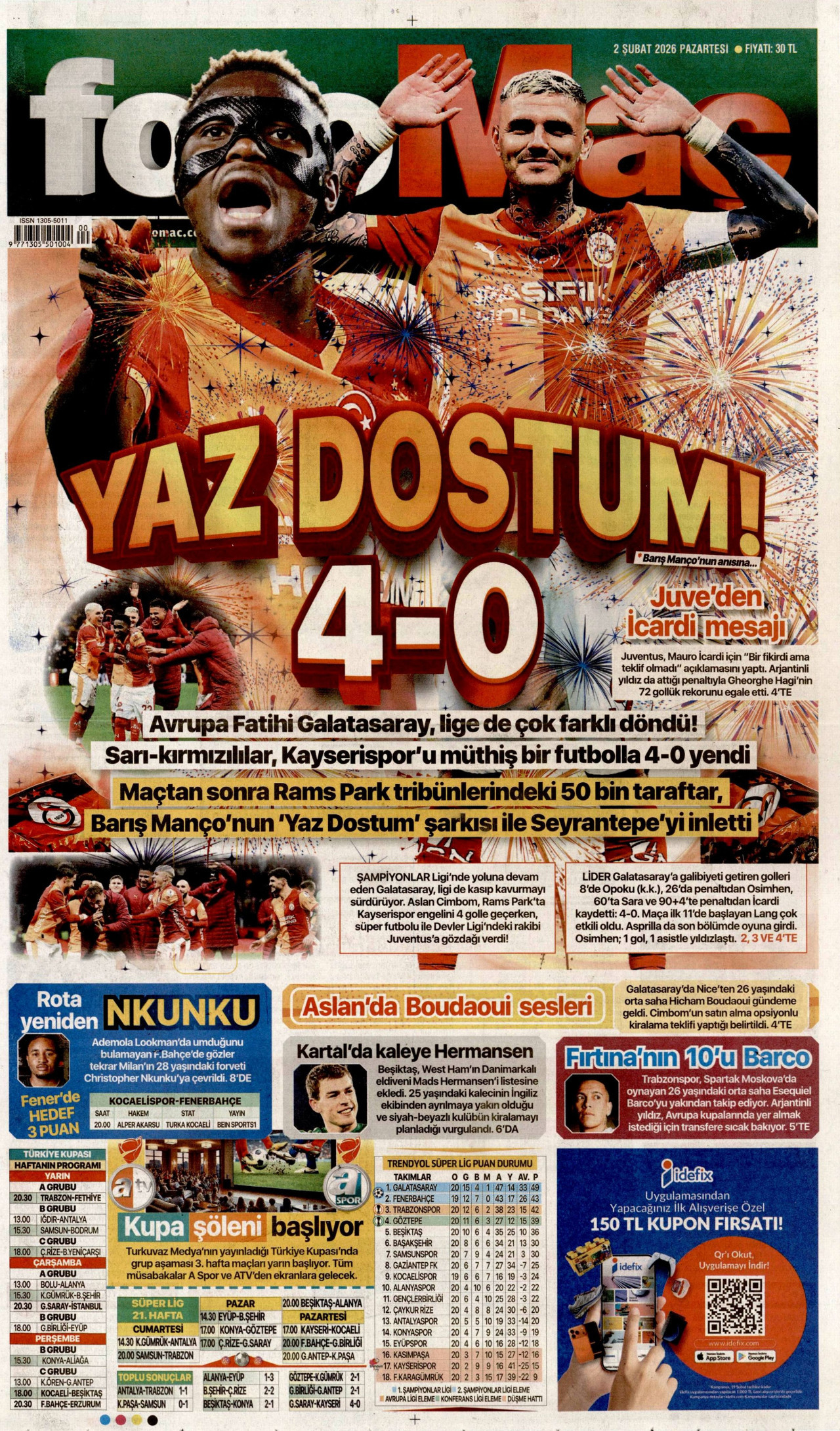 FOTOMAÇ gazetesinin 2 Şubat 2026 tarihli birinci sayfası