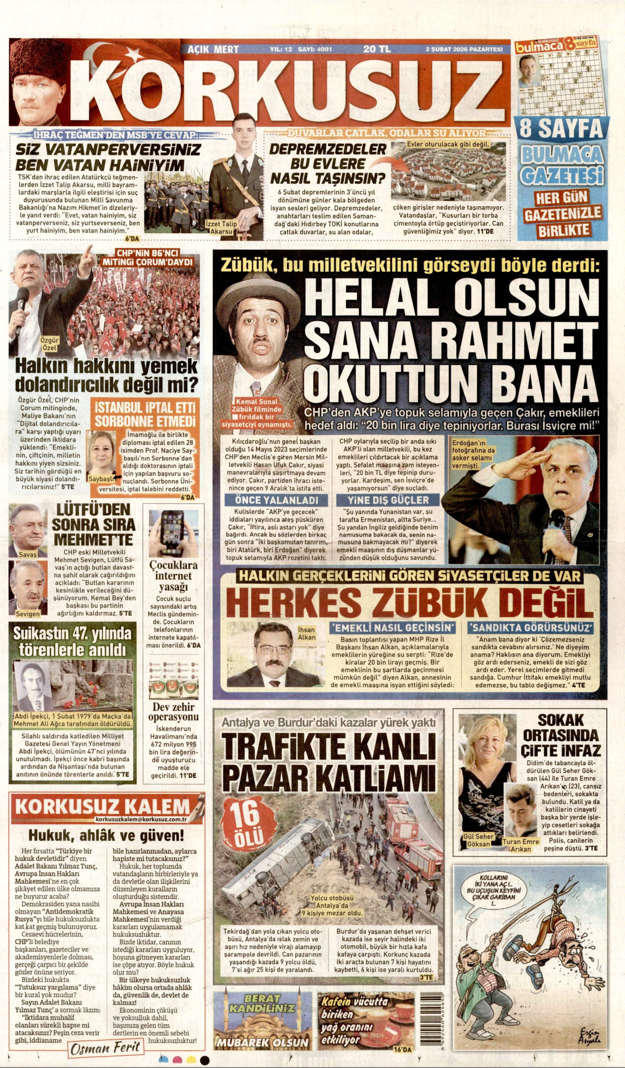 KORKUSUZ gazetesinin 2 Şubat 2026 tarihli birinci sayfası