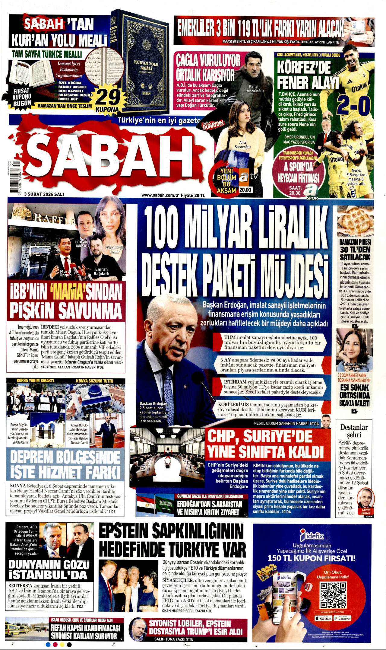 SABAH gazetesinin 3 Şubat 2026 tarihli birinci sayfası