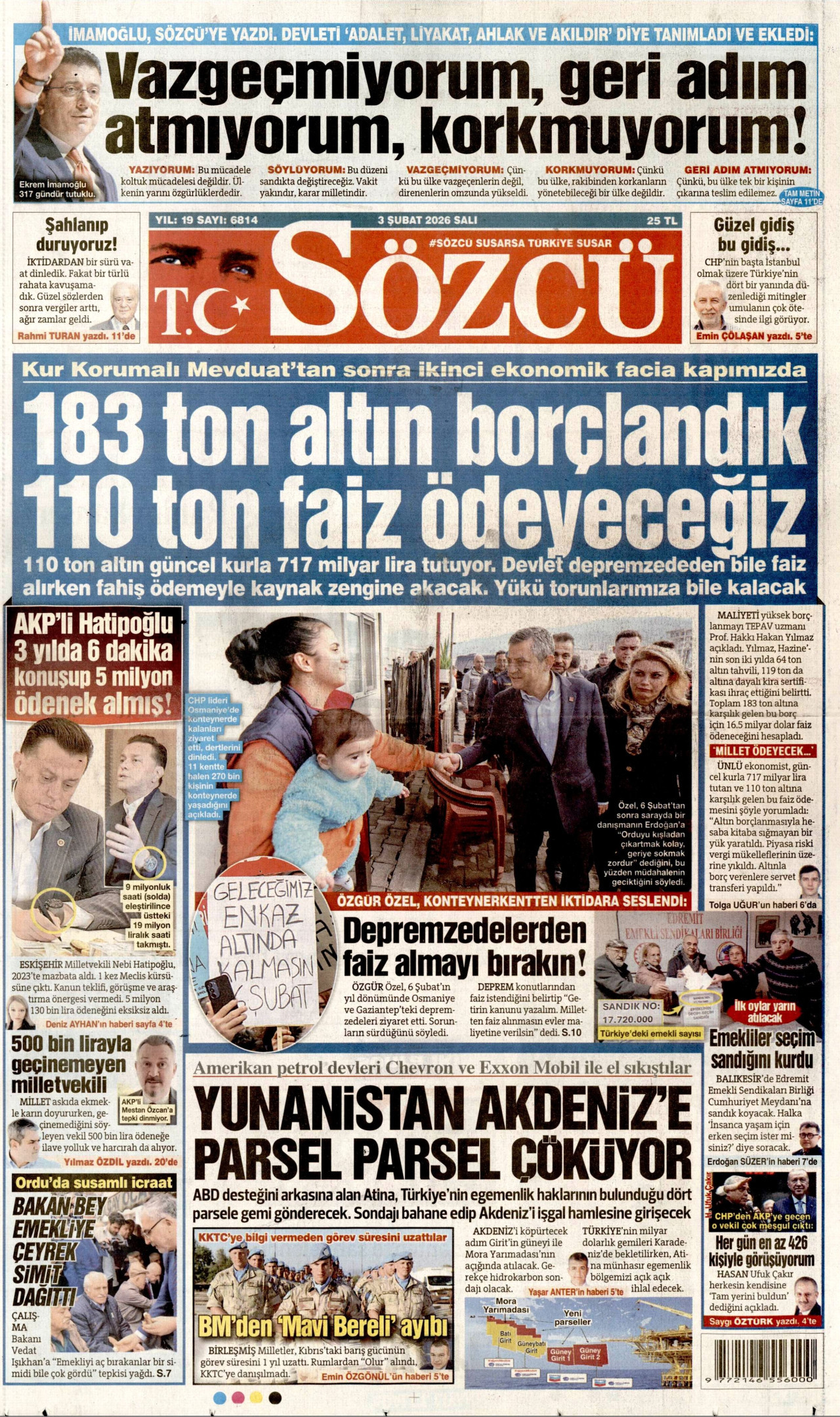 SÖZCÜ gazetesinin 3 Şubat 2026 tarihli birinci sayfası