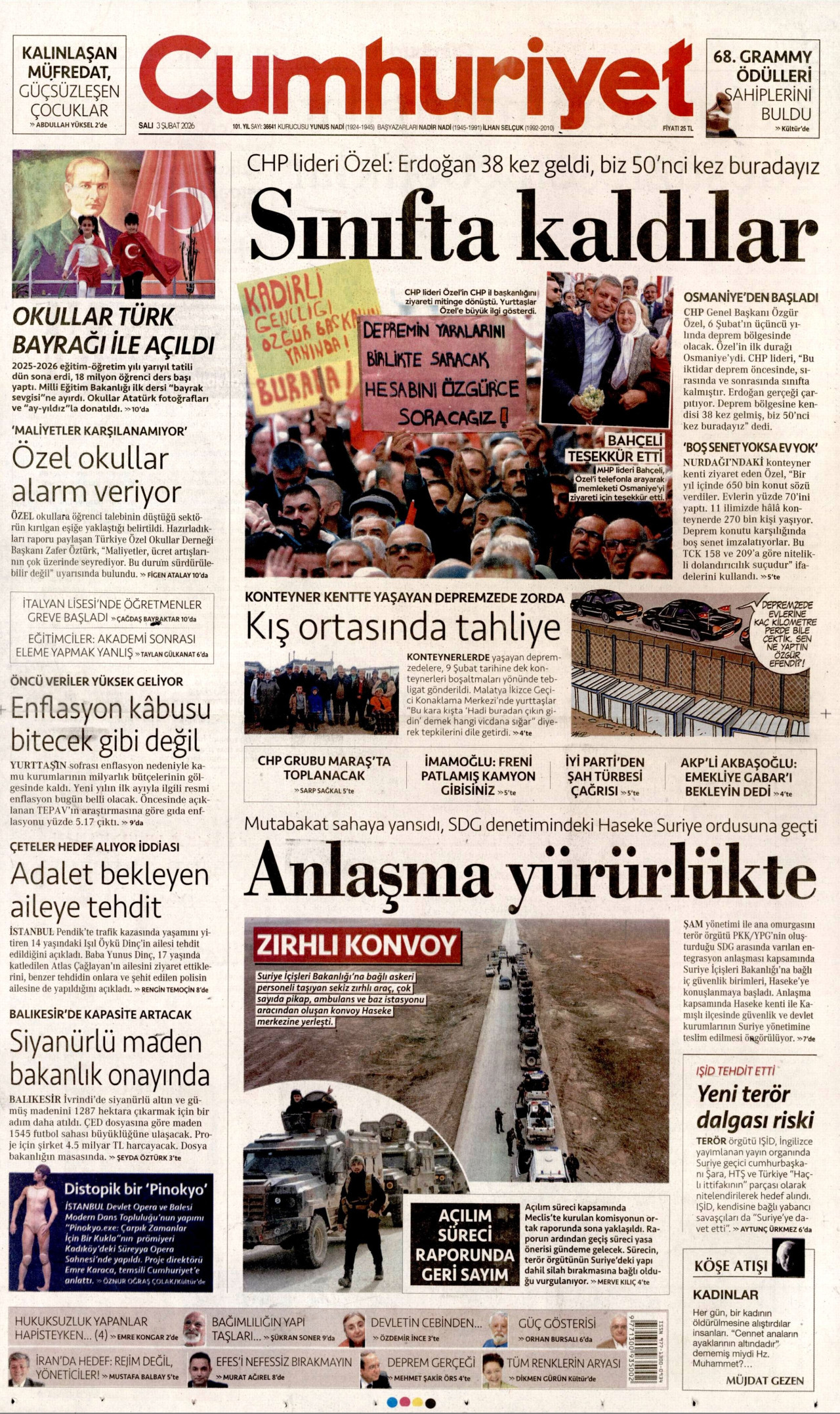 CUMHURİYET gazetesinin 3 Şubat 2026 tarihli birinci sayfası