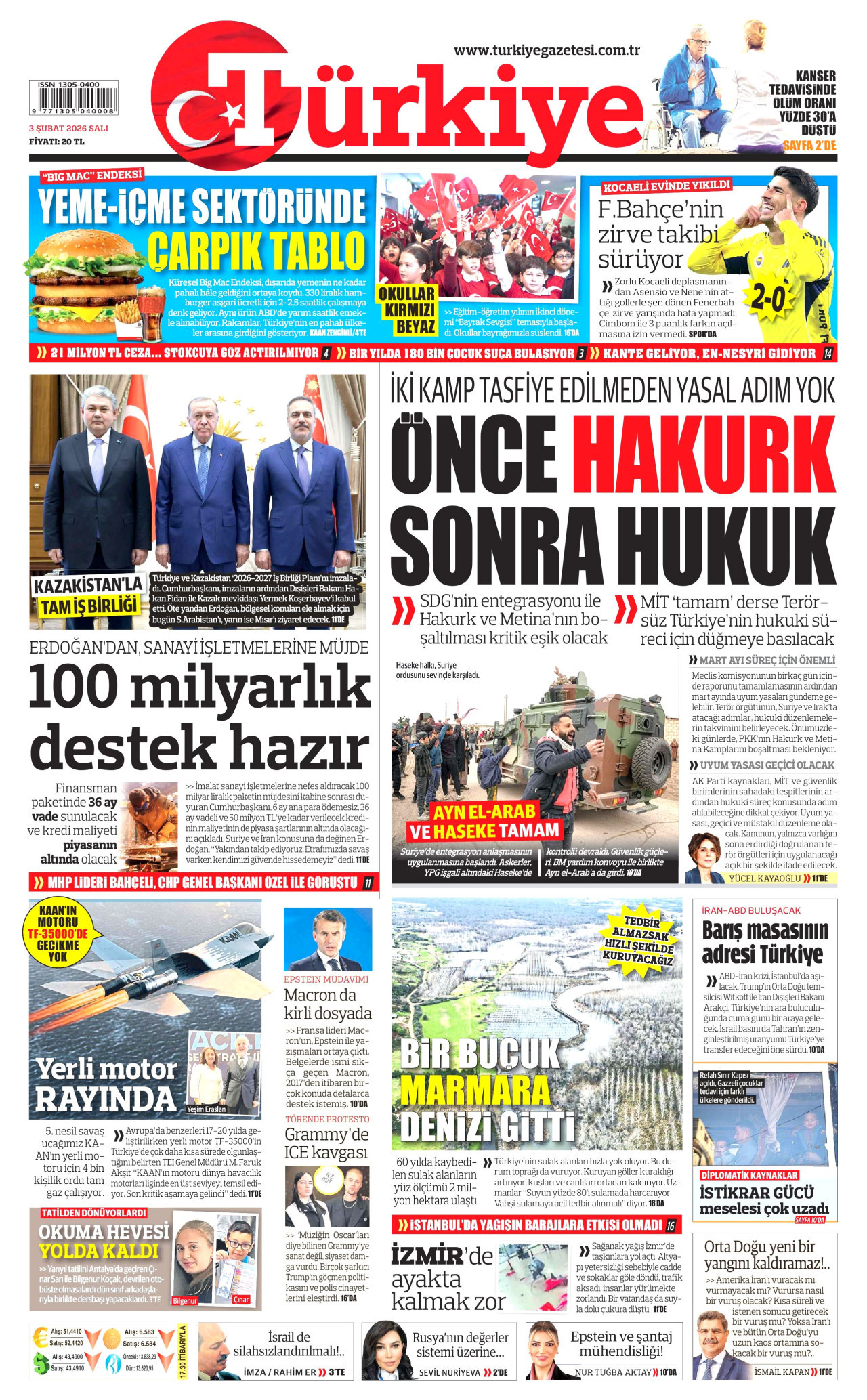 TÜRKİYE GAZETESİ gazetesinin 3 Şubat 2026 tarihli birinci sayfası