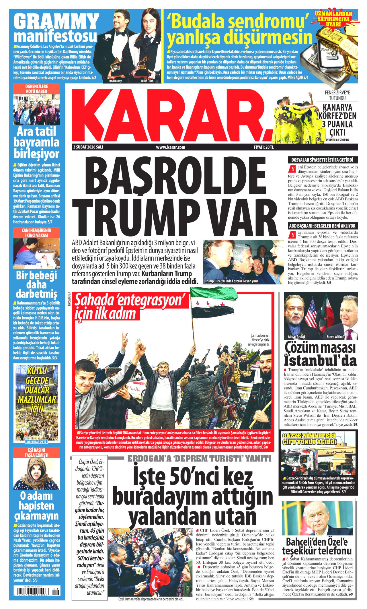 KARAR gazetesinin 3 Şubat 2026 tarihli birinci sayfası
