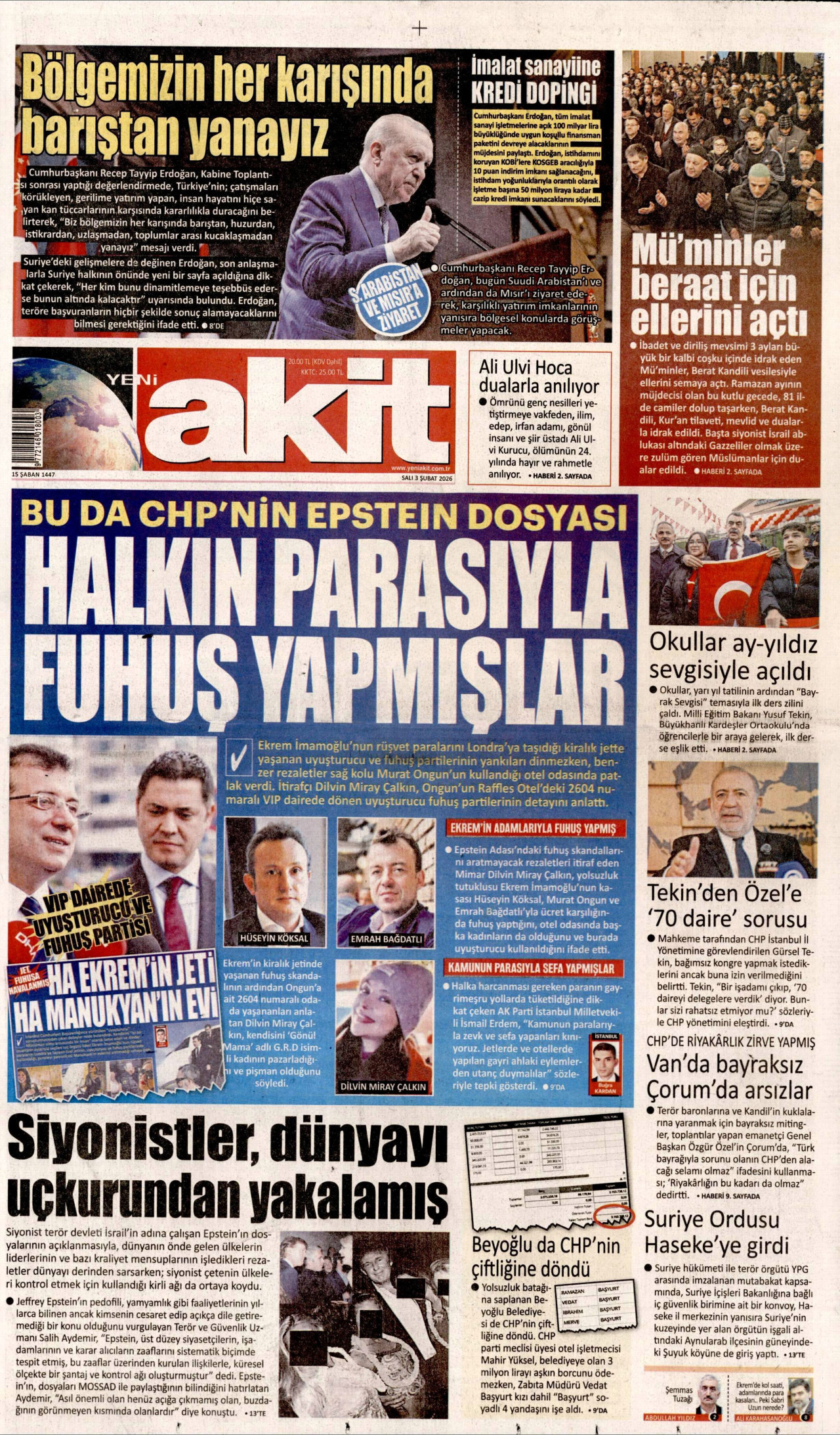 YENİ AKİT gazetesinin 3 Şubat 2026 tarihli birinci sayfası