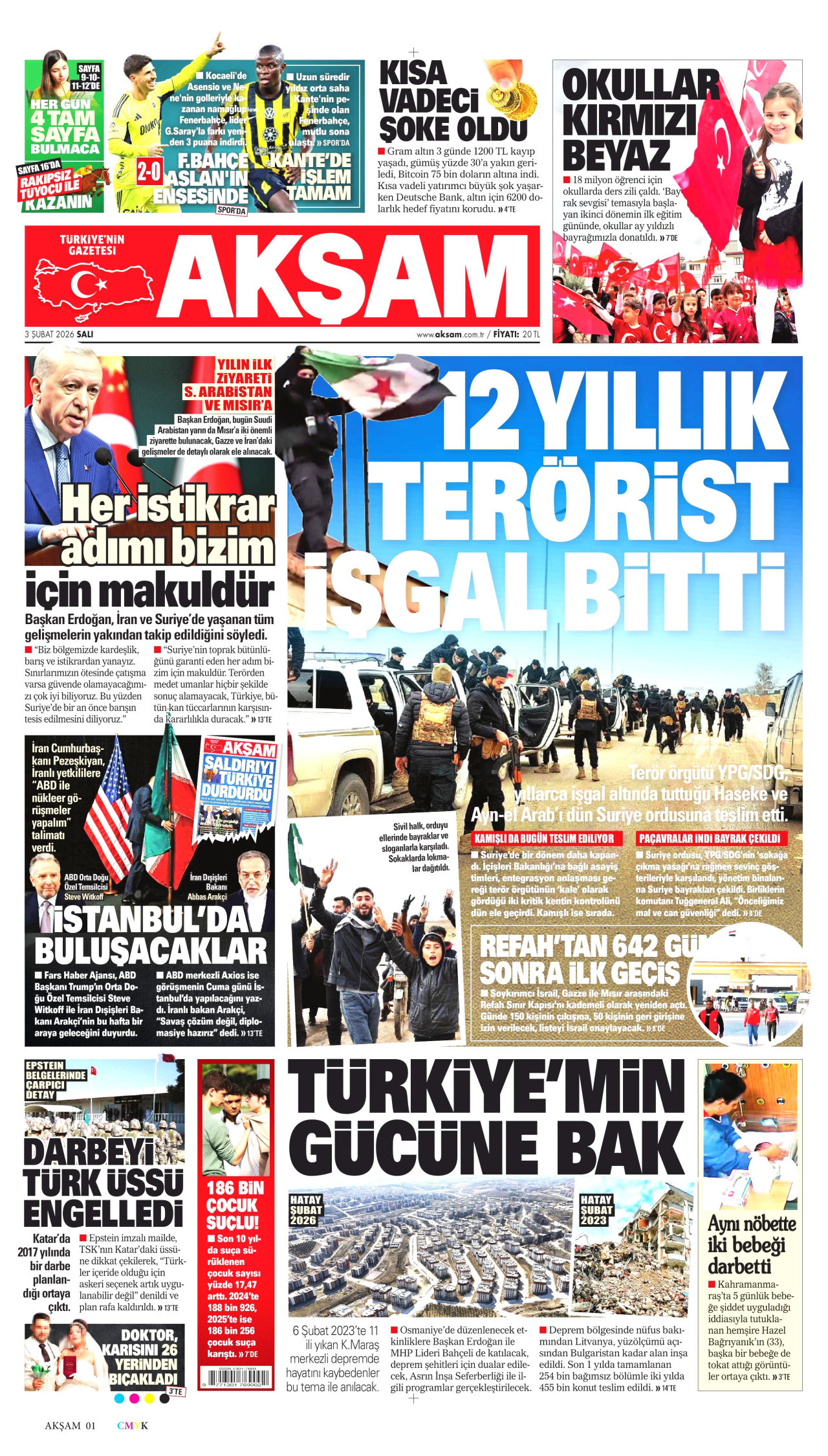 AKŞAM gazetesinin 3 Şubat 2026 tarihli birinci sayfası