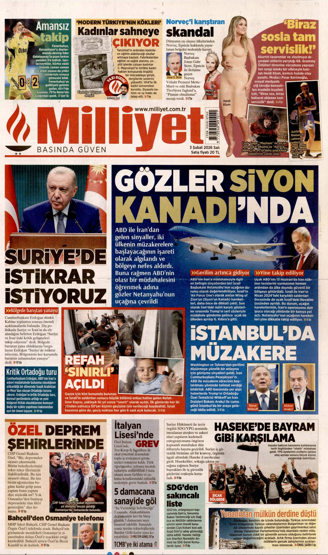 MİLLİYET gazetesinin 3 Şubat 2026 tarihli birinci sayfası
