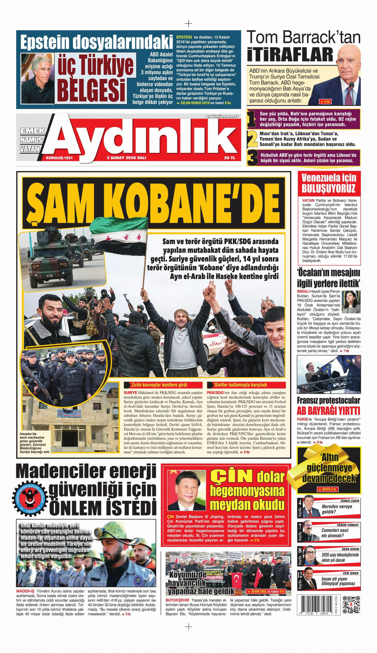 AYDINLIK GAZETESİ gazetesinin 3 Şubat 2026 tarihli birinci sayfası