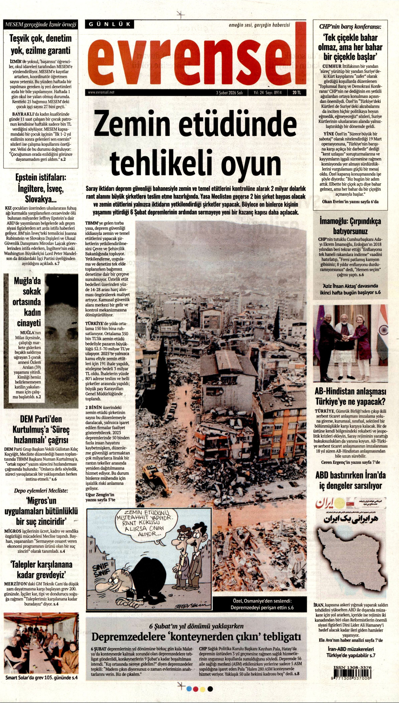 EVRENSEL gazetesinin 3 Şubat 2026 tarihli birinci sayfası