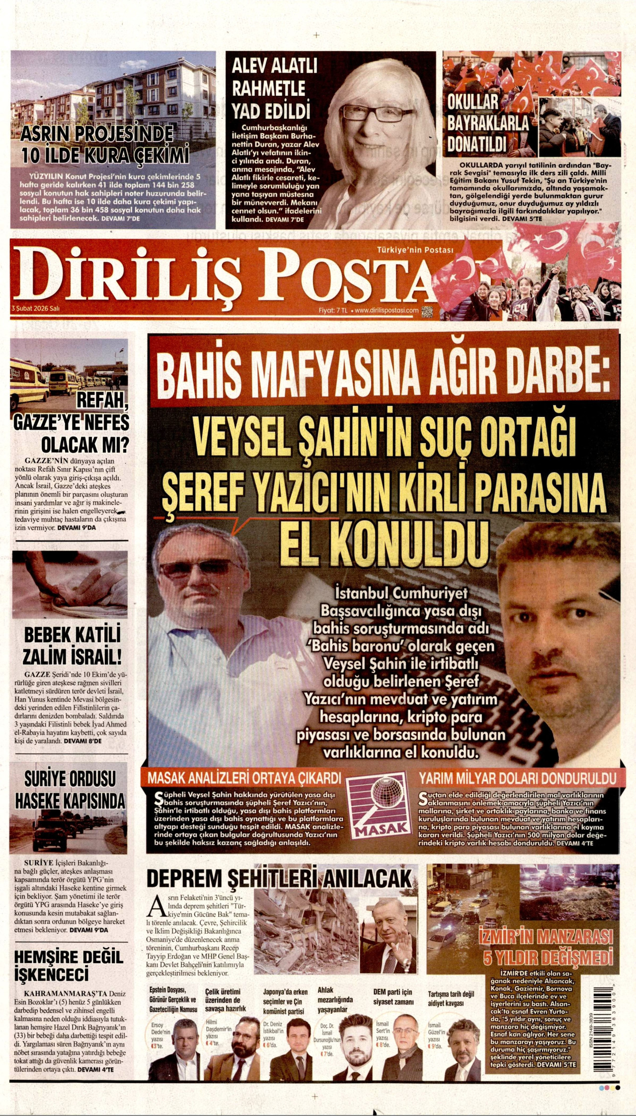 DİRİLİŞ POSTASI gazetesinin 3 Şubat 2026 tarihli birinci sayfası