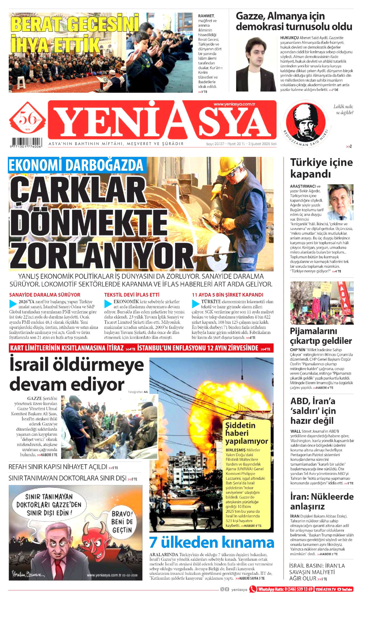 YENİ ASYA gazetesinin 3 Şubat 2026 tarihli birinci sayfası
